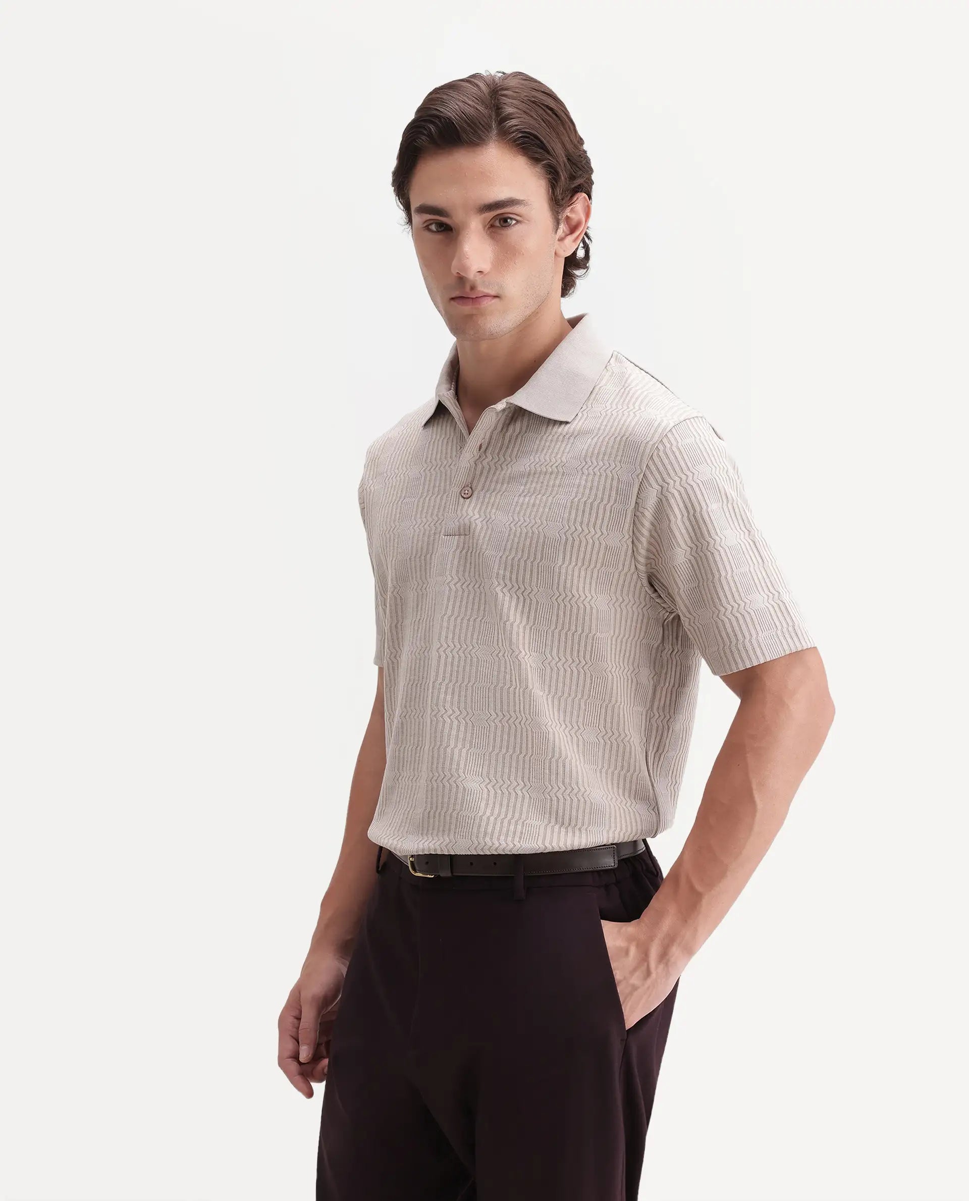 Rare Rabbit Men's Jacks Off White Cotton Blend Spread Collar Regular Jacquard Polo