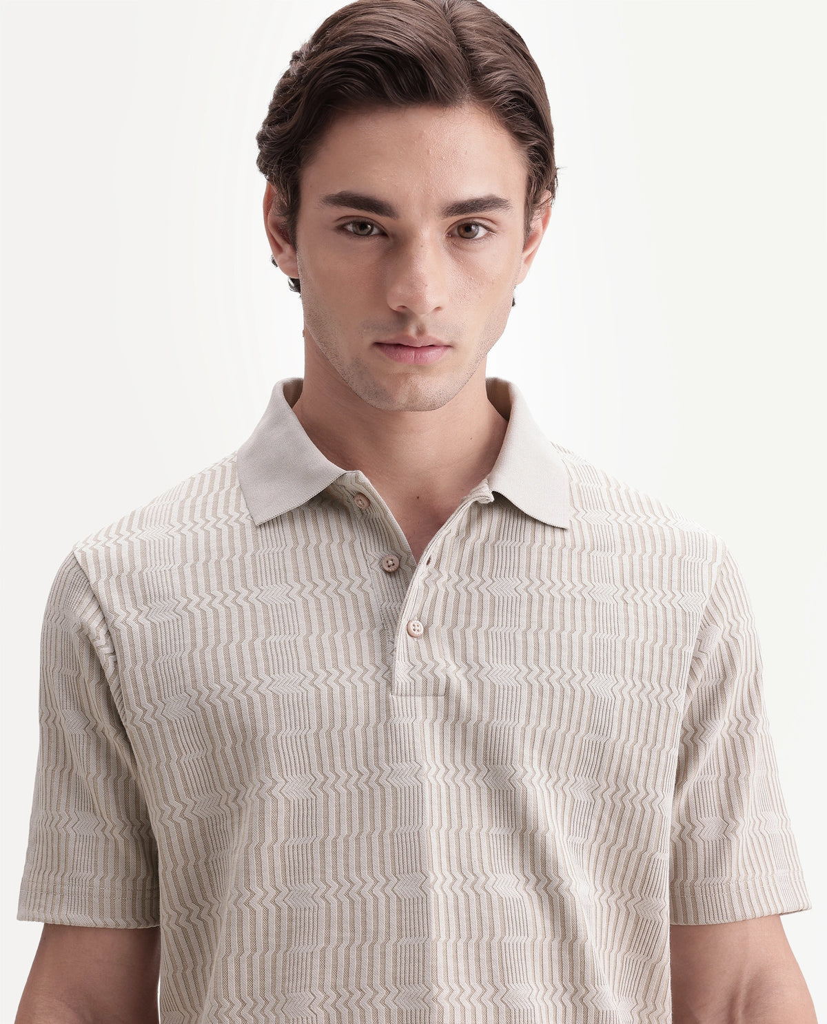Rare Rabbit Men's Jacks Off White Cotton Blend Spread Collar Regular Jacquard Polo