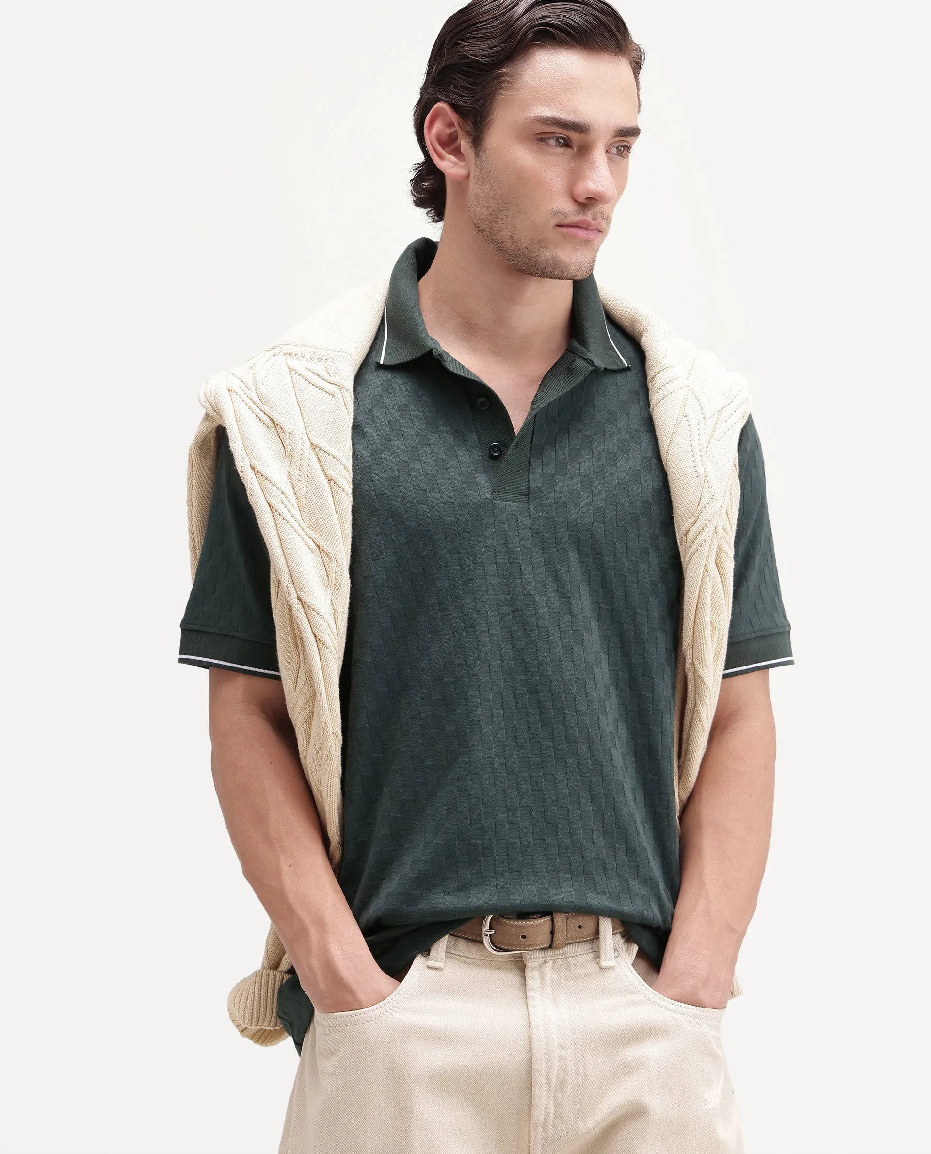 Rare Rabbit Men's Lumos Dark Green Cotton Blend Spread Collar Regular Jacquard Polo