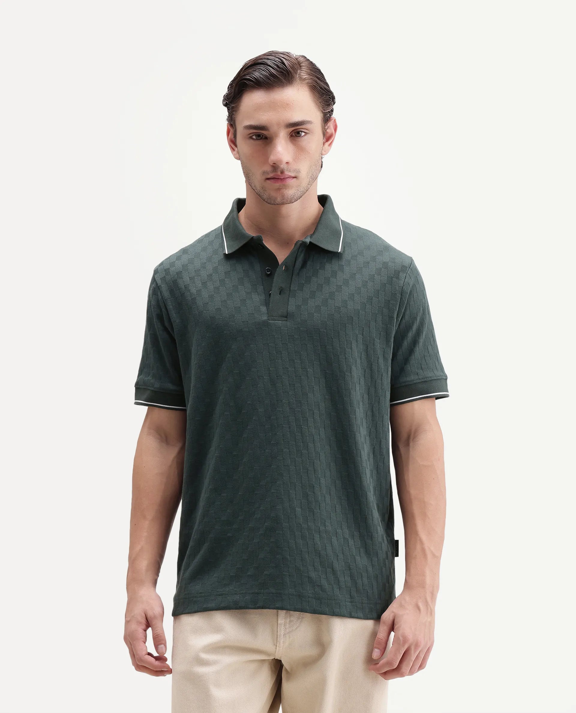 Rare Rabbit Men's Lumos Dark Green Cotton Blend Spread Collar Regular Jacquard Polo