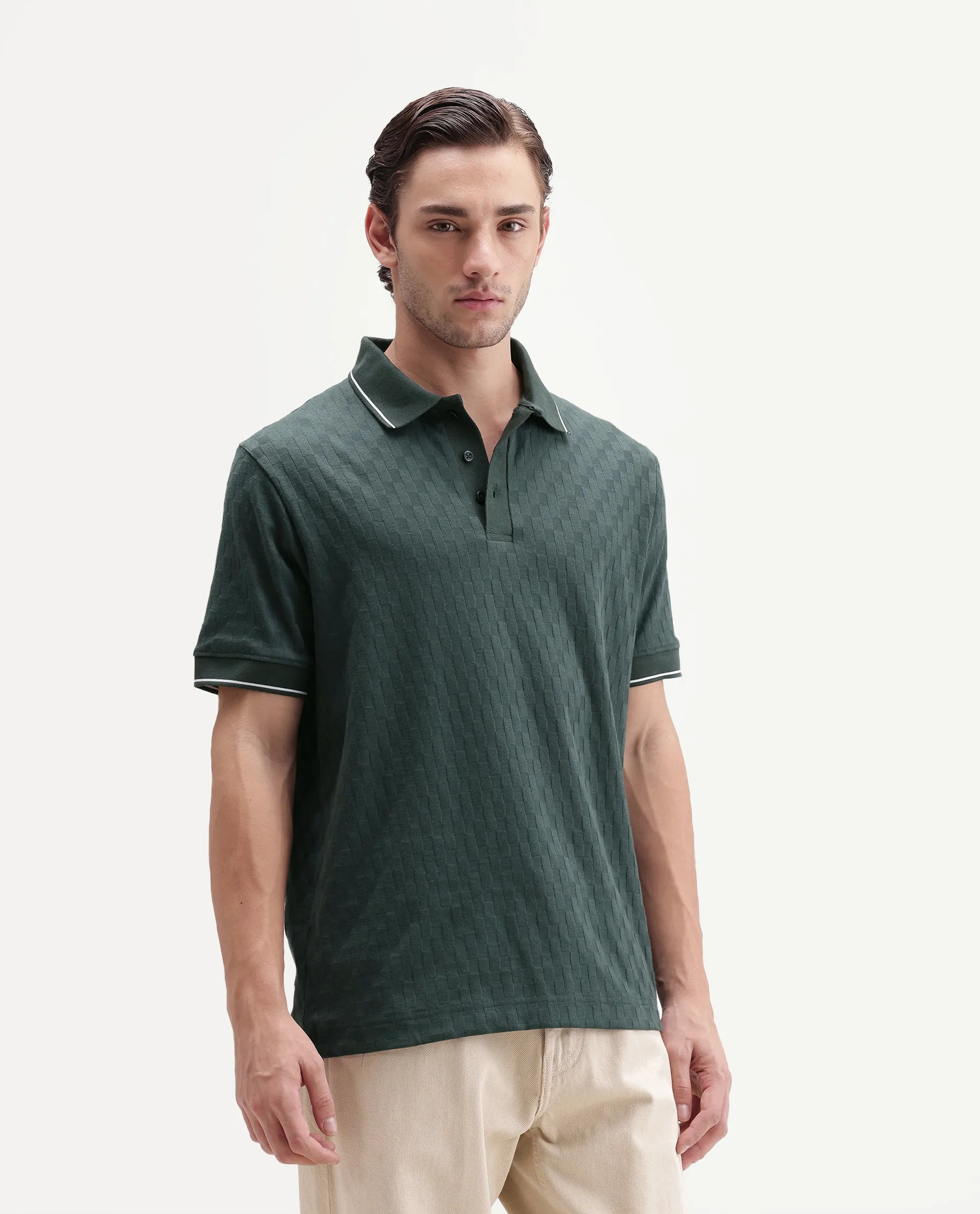 Rare Rabbit Men's Lumos Dark Green Cotton Blend Spread Collar Regular Jacquard Polo