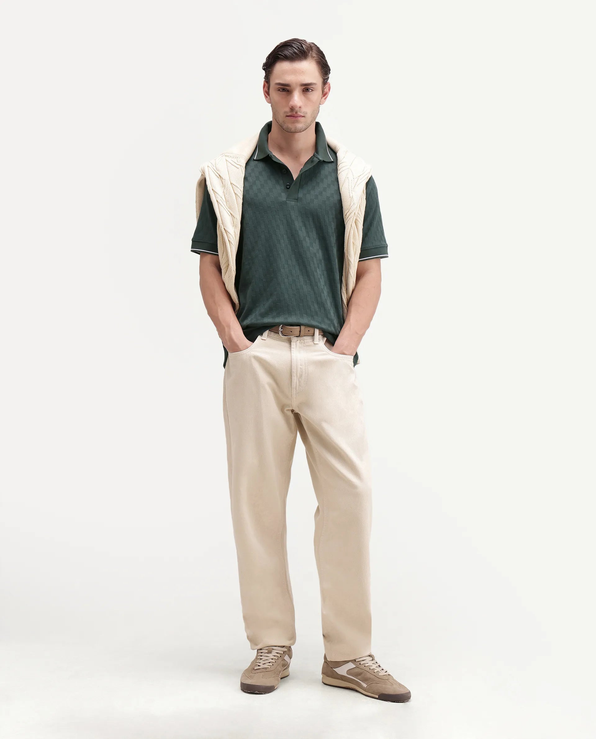 Rare Rabbit Men's Lumos Dark Green Cotton Blend Spread Collar Regular Jacquard Polo