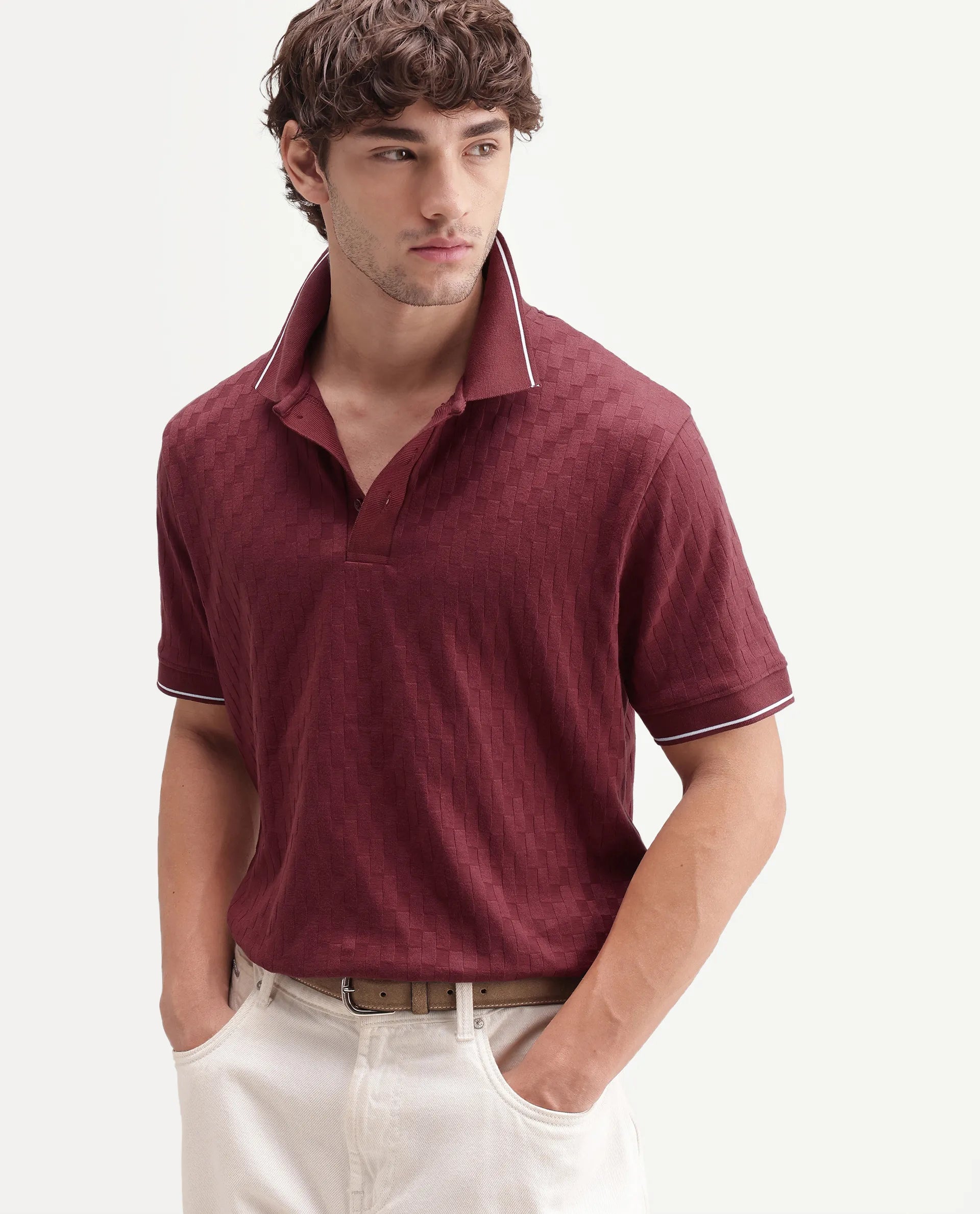 Rare Rabbit Men's Lumos Red Cotton Blend Spread Collar Regular Jacquard Polo