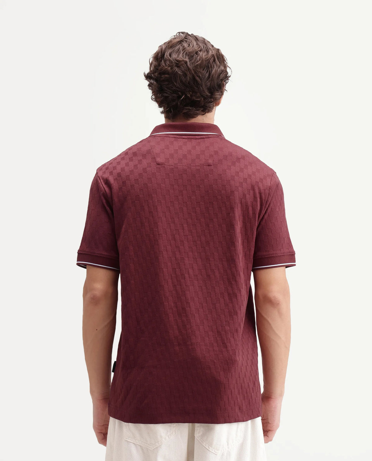 Rare Rabbit Men's Lumos Red Cotton Blend Spread Collar Regular Jacquard Polo
