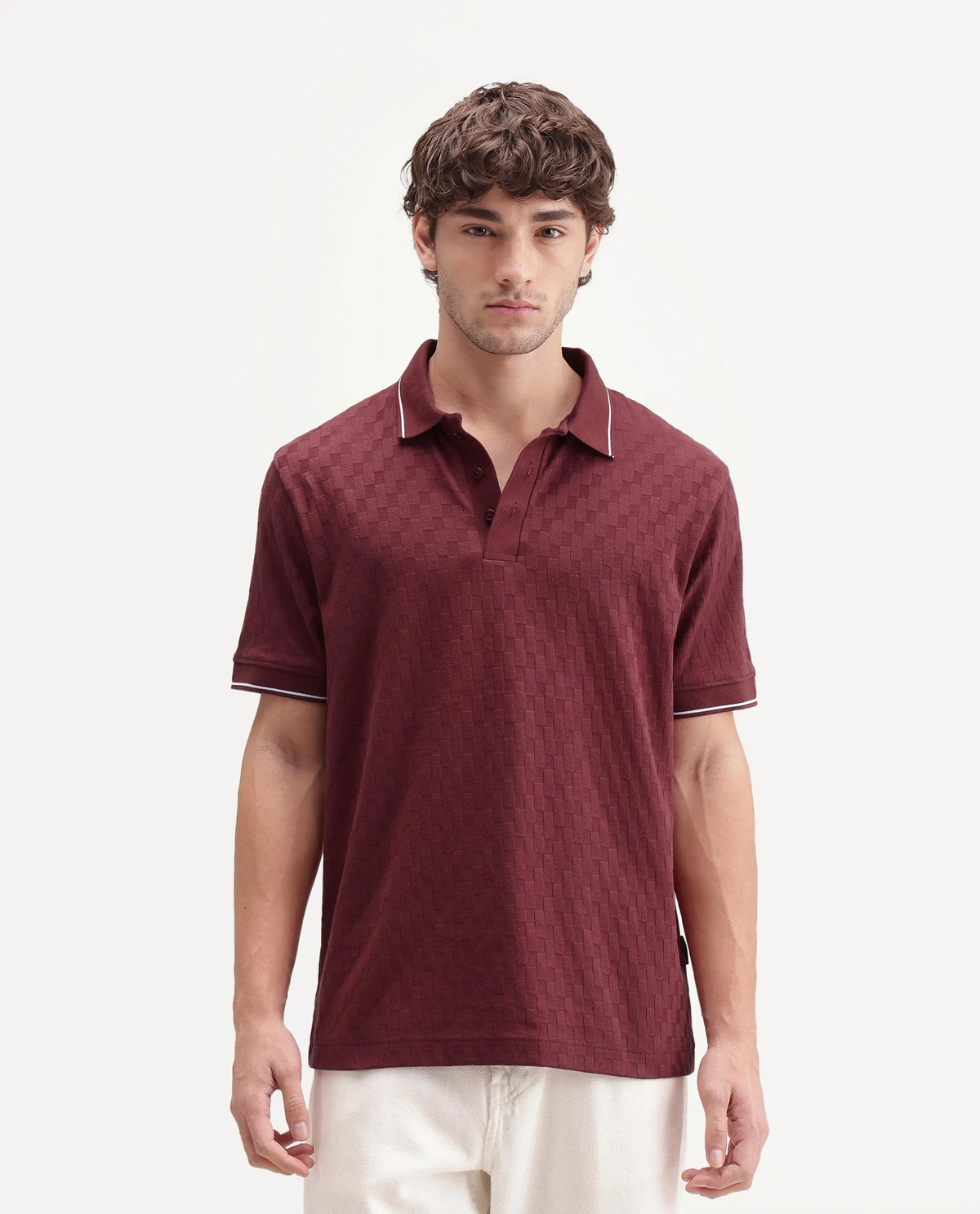 Rare Rabbit Men's Lumos Red Cotton Blend Spread Collar Regular Jacquard Polo