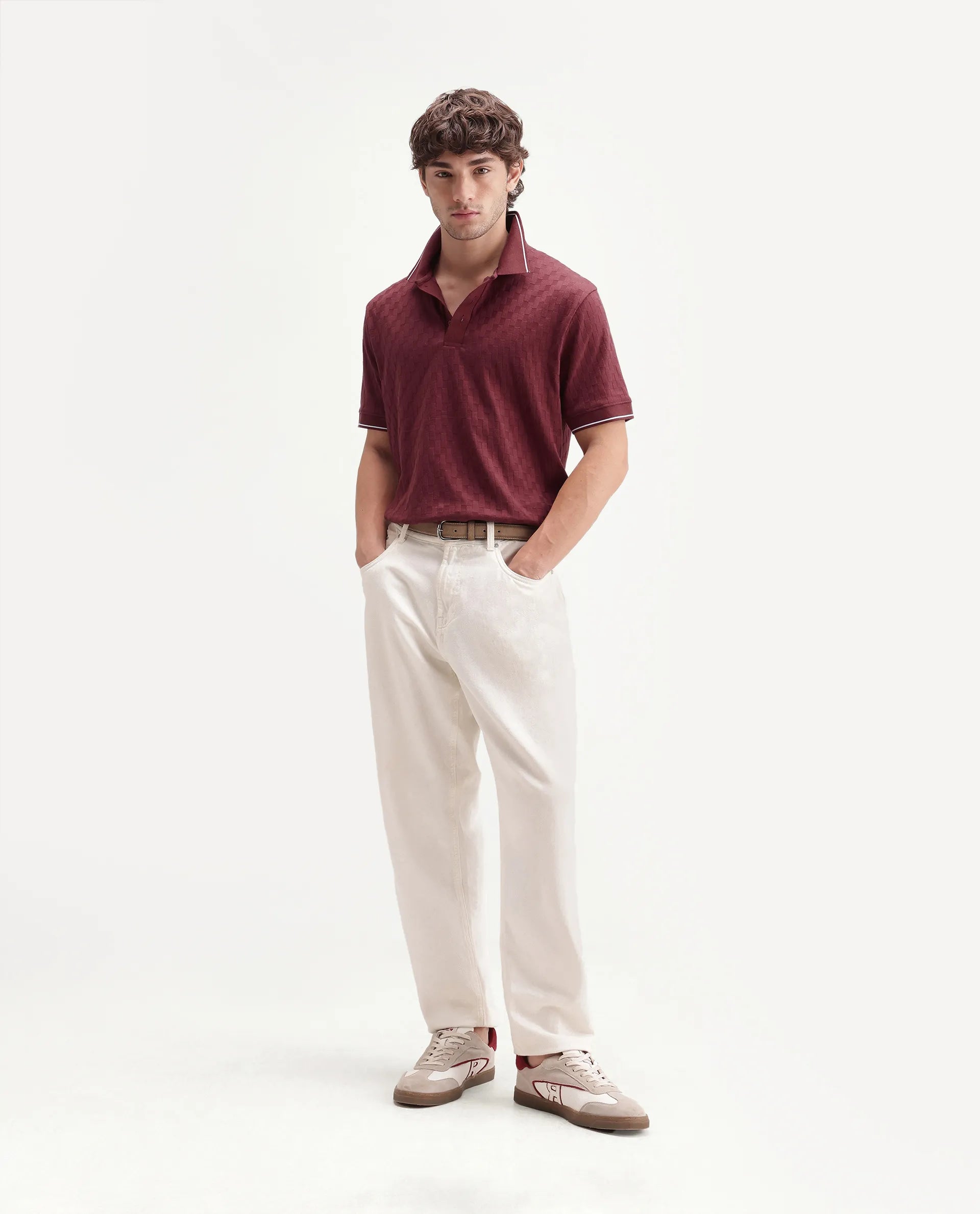 Rare Rabbit Men's Lumos Red Cotton Blend Spread Collar Regular Jacquard Polo