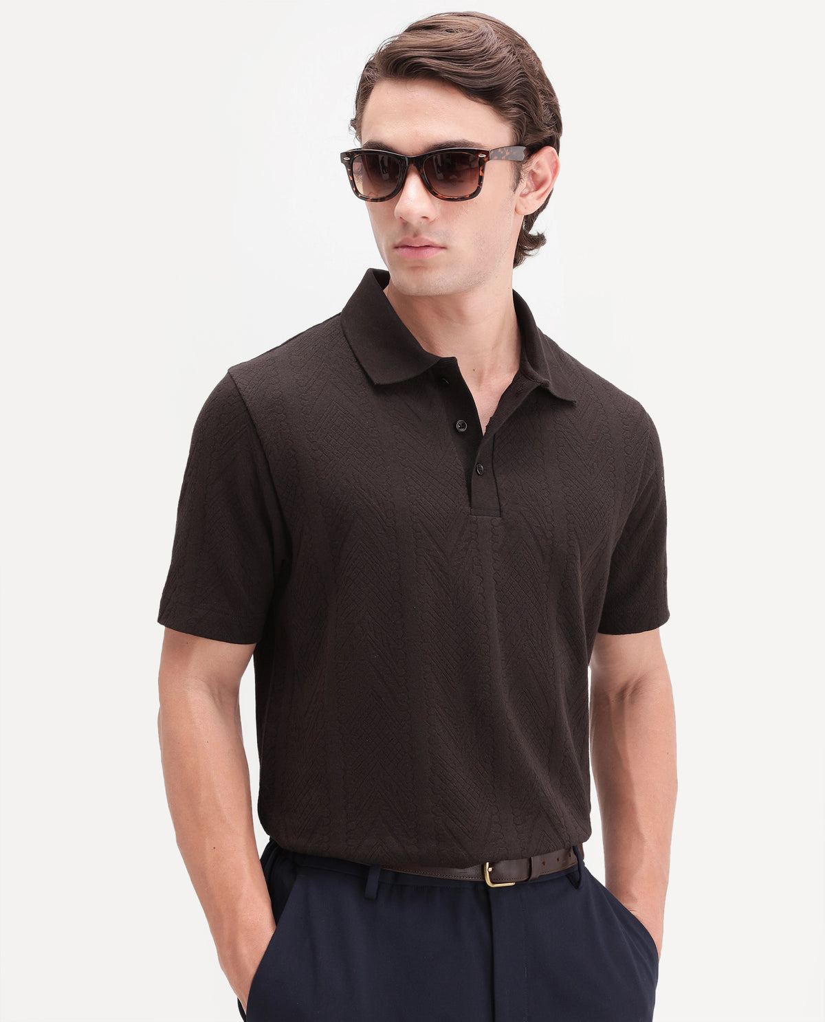 Rare Rabbit Men's Stike Dark Brown Cotton Blend Spread Collar Regular Jacquard Polo