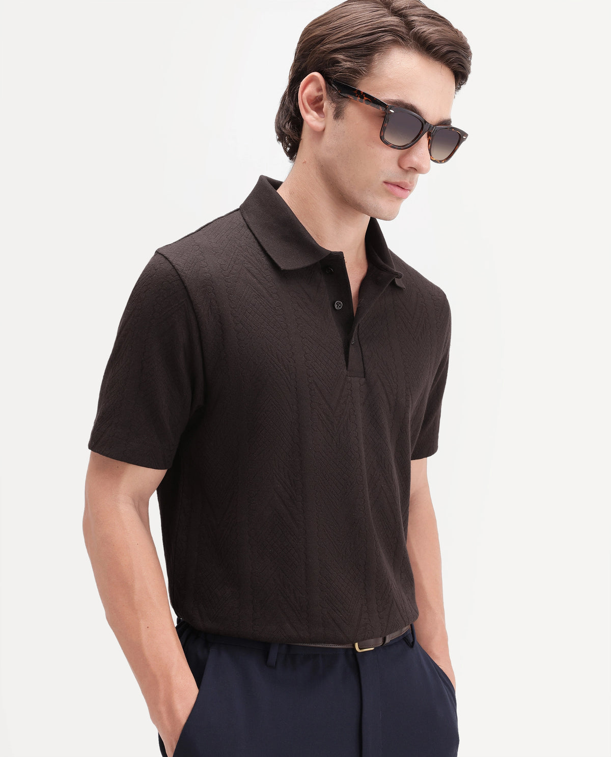 Rare Rabbit Men's Stike Dark Brown Cotton Blend Spread Collar Regular Jacquard Polo
