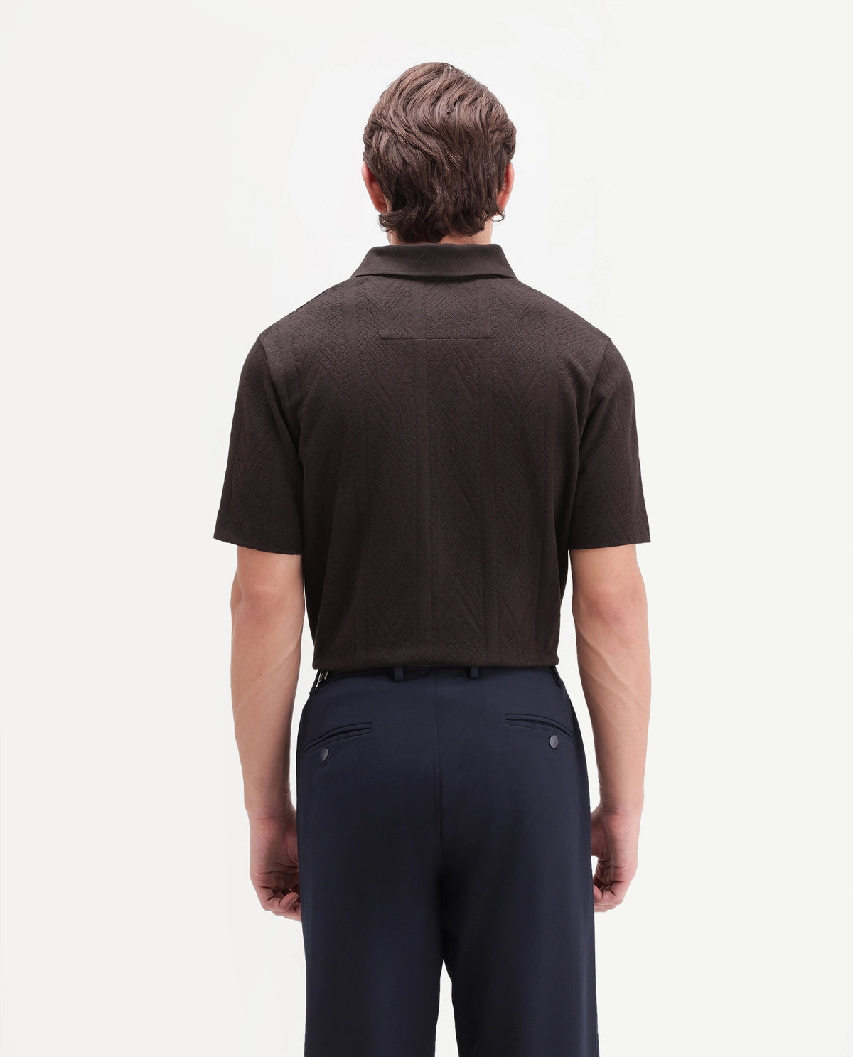 Rare Rabbit Men's Stike Dark Brown Cotton Blend Spread Collar Regular Jacquard Polo