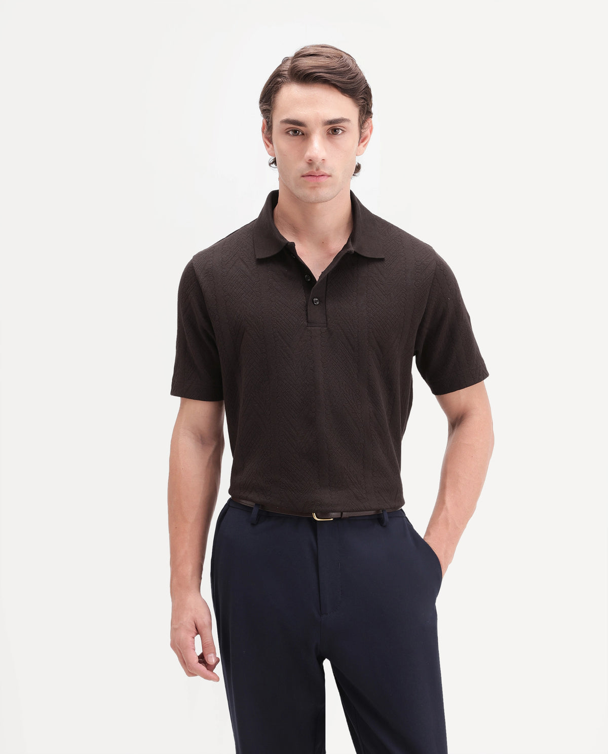 Rare Rabbit Men's Stike Dark Brown Cotton Blend Spread Collar Regular Jacquard Polo
