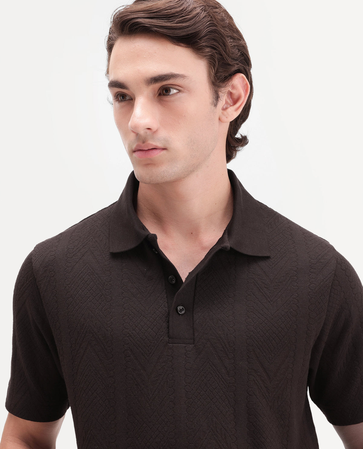Rare Rabbit Men's Stike Dark Brown Cotton Blend Spread Collar Regular Jacquard Polo