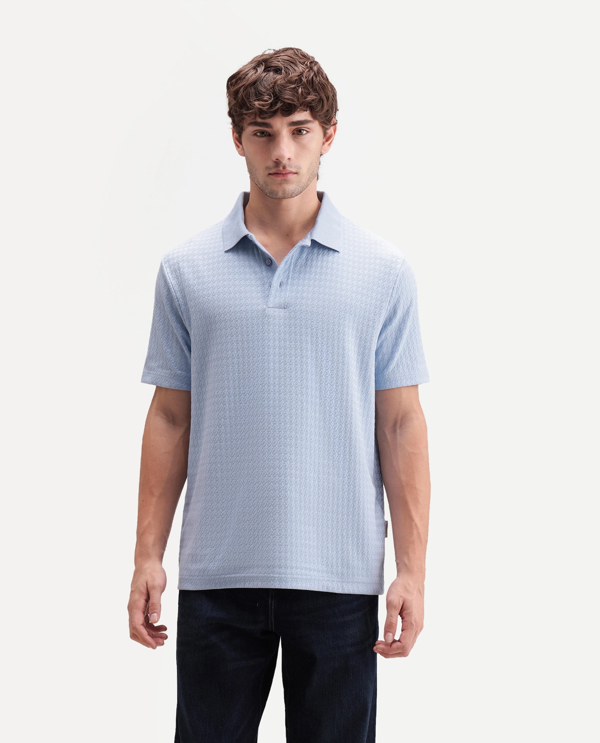 Rare Rabbit Men's Valdes Light Blue Cotton Blend Spread Collar Regular Jacquard Polo