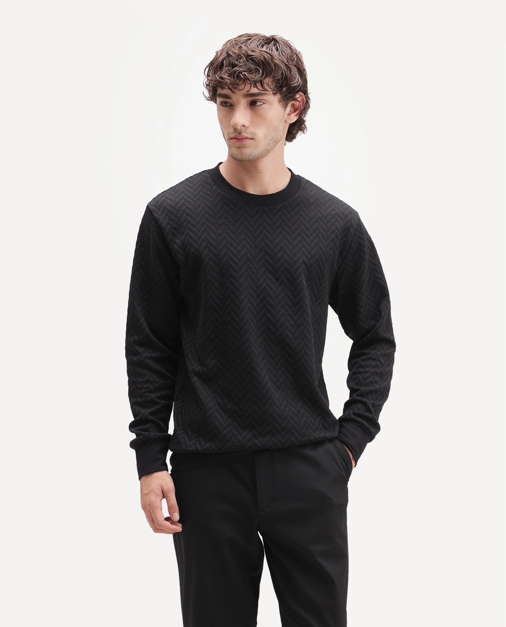 Rare Rabbit Men's Drow Black Cotton Blend Crew Neck Regular Plain Jacquard Sweatshirt