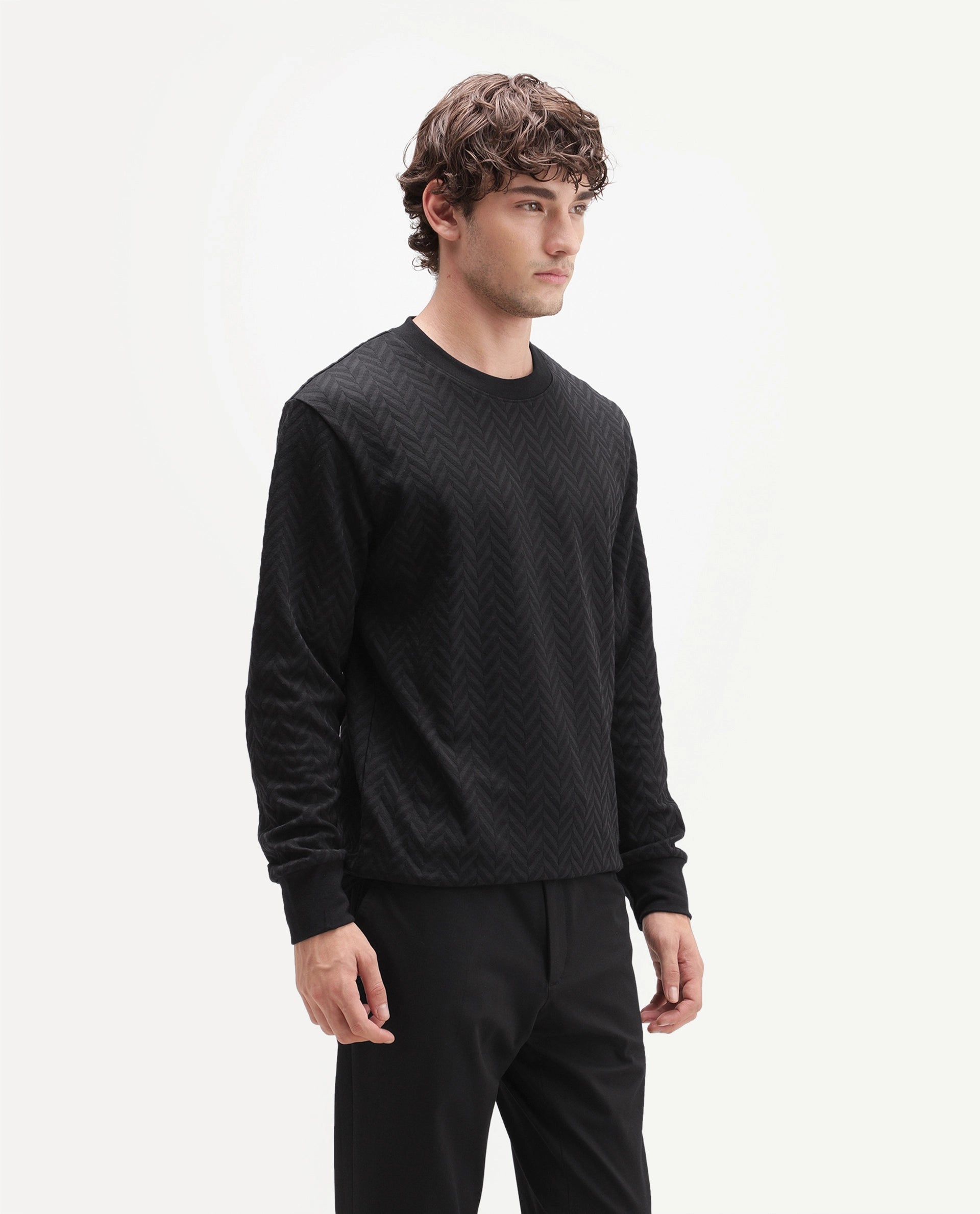 Rare Rabbit Men's Drow Black Cotton Blend Crew Neck Regular Plain Jacquard Sweatshirt