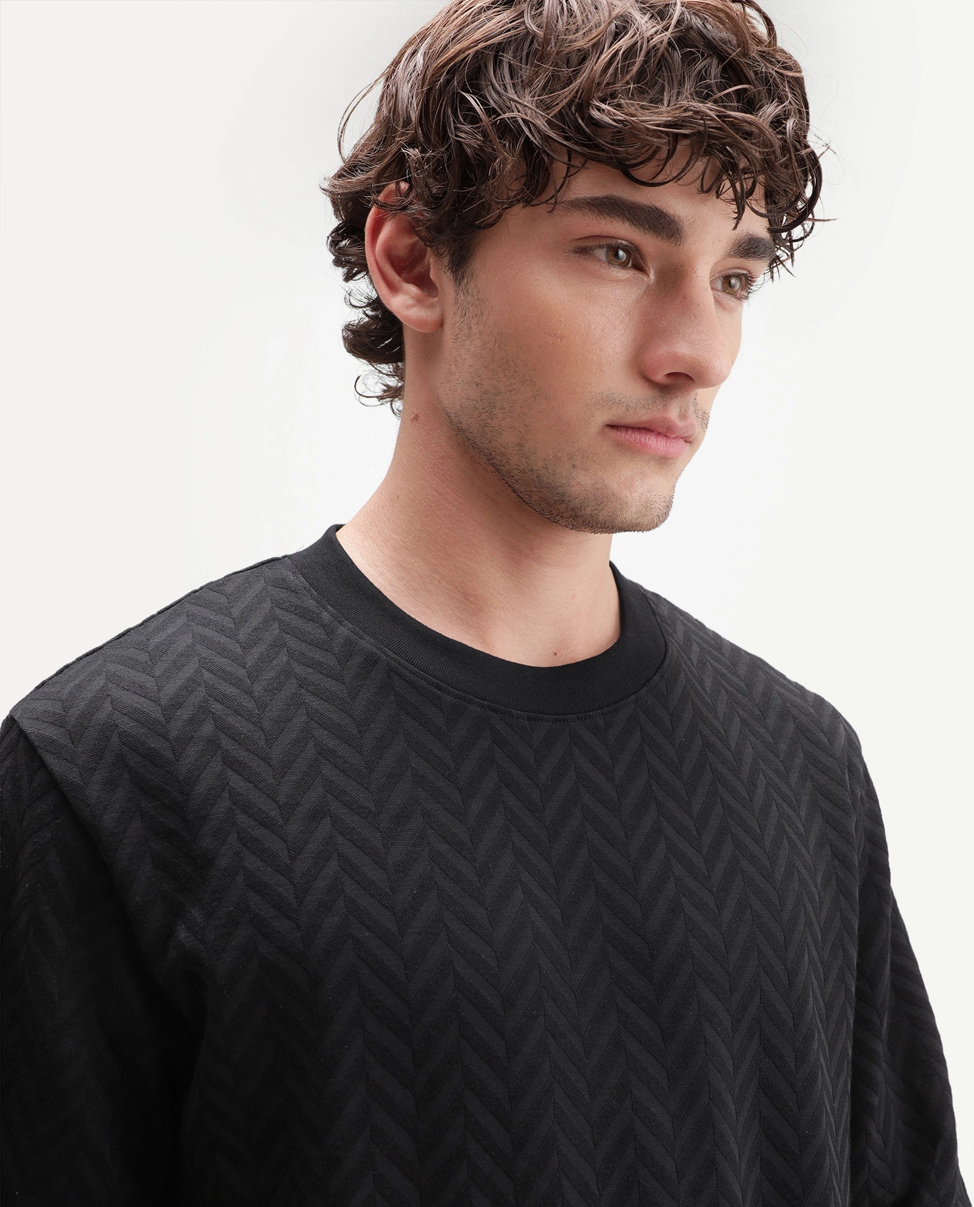 Rare Rabbit Men's Drow Black Cotton Blend Crew Neck Regular Plain Jacquard Sweatshirt