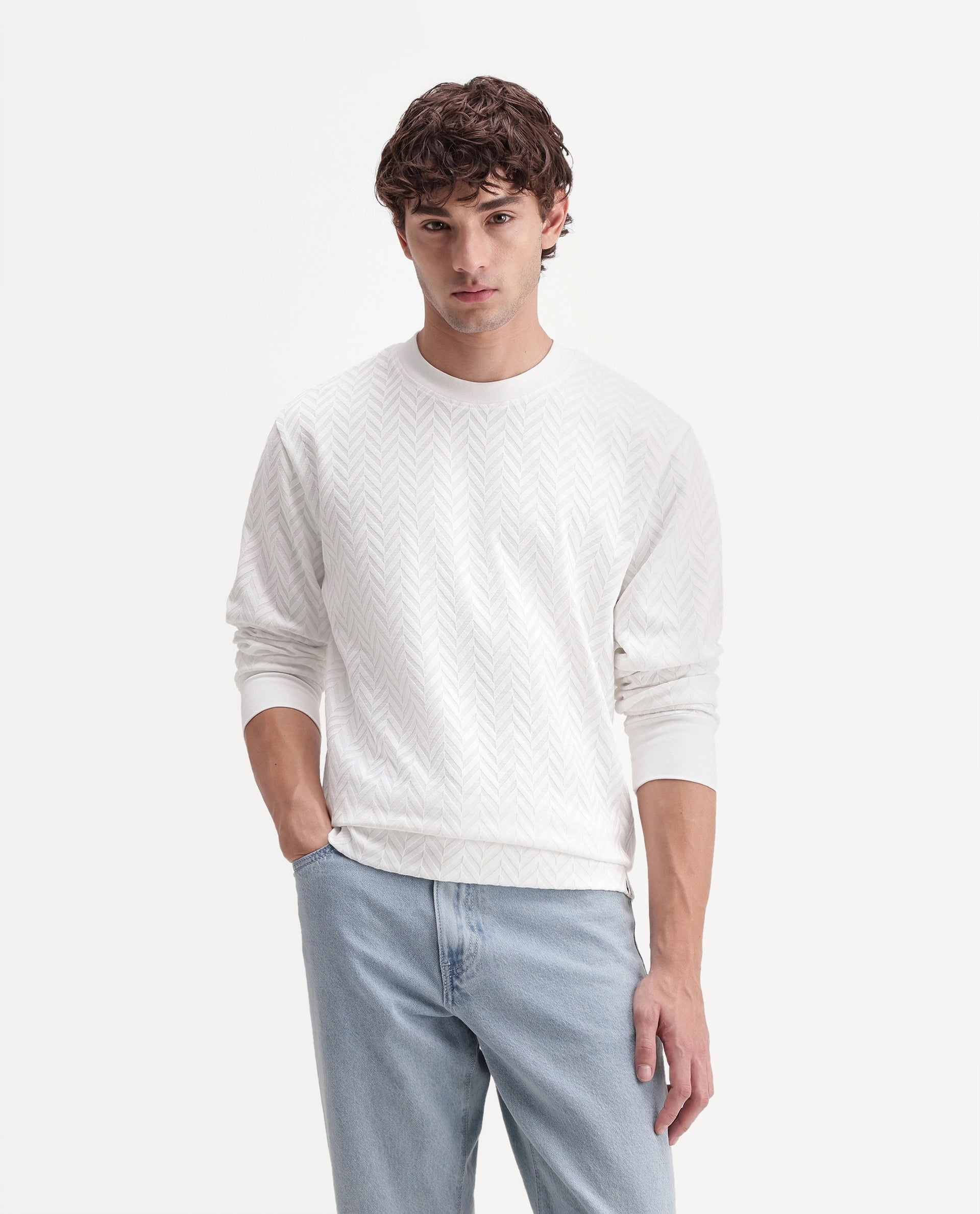 Rare Rabbit Men's Drow Off White Cotton Blend Crew Neck Regular Jacquard Sweatshirt