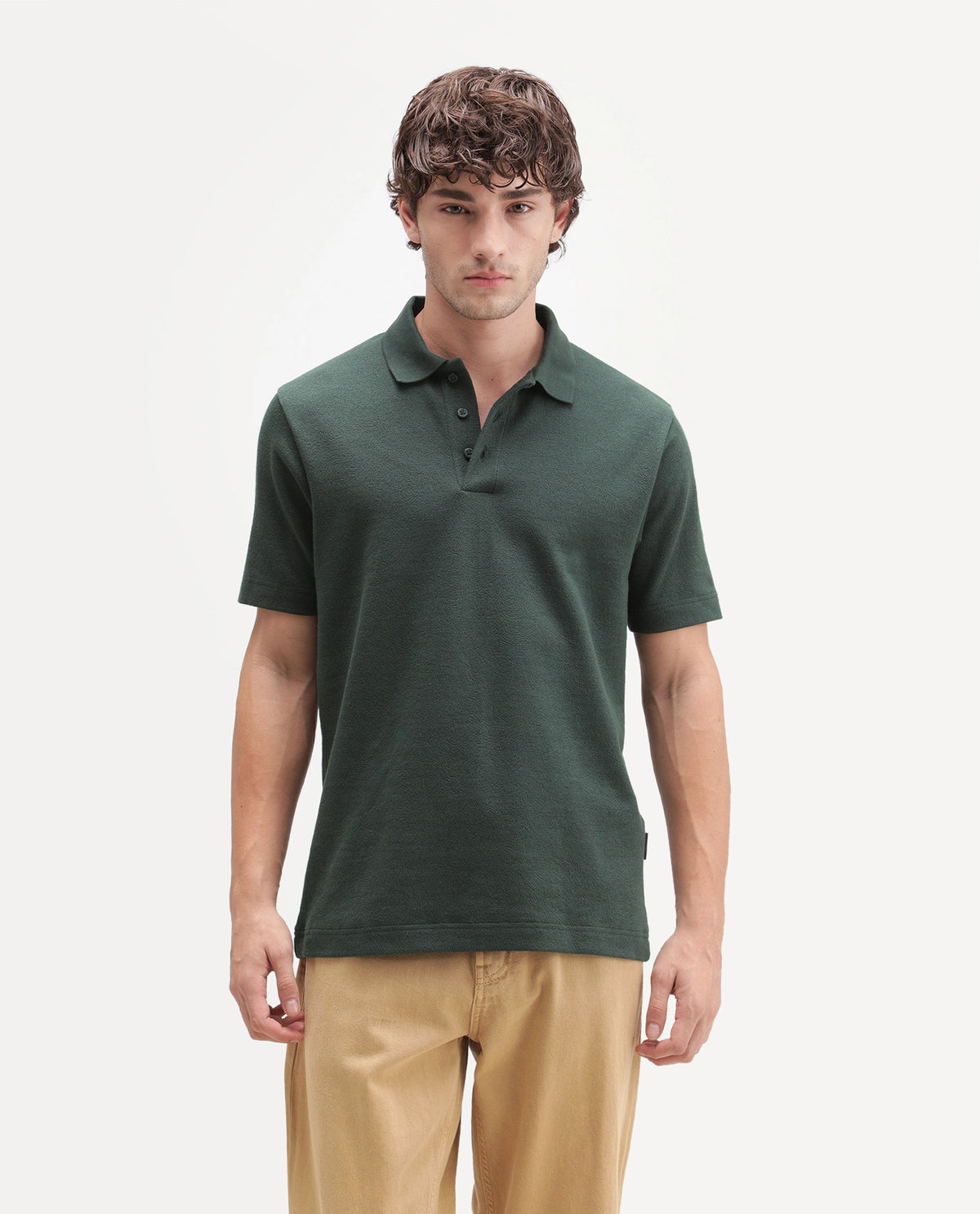 Rare Rabbit Men's Davin-P Dark Green Cotton Blend Spread Collar Regular Plain Polo