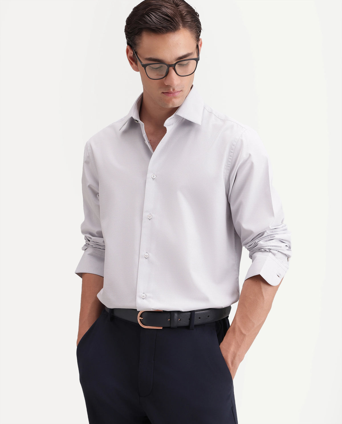 Rare Rabbit Men's Avyon Light Grey Polyester Blend Button Regular Fit Checked Shirt