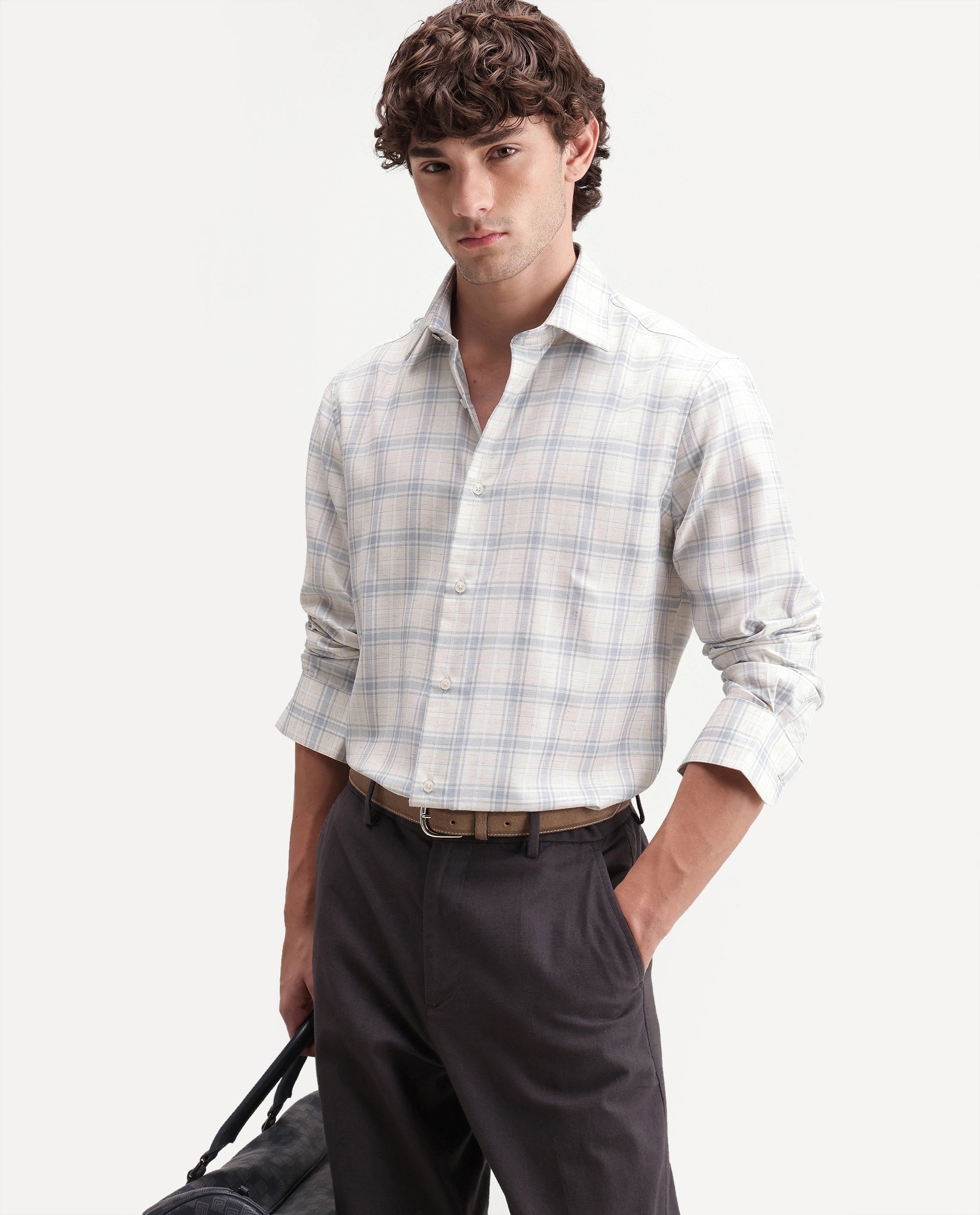 Rare Rabbit Men's Enar Dusky Blue Polyester Blend Button Regular Fit Checked Shirt
