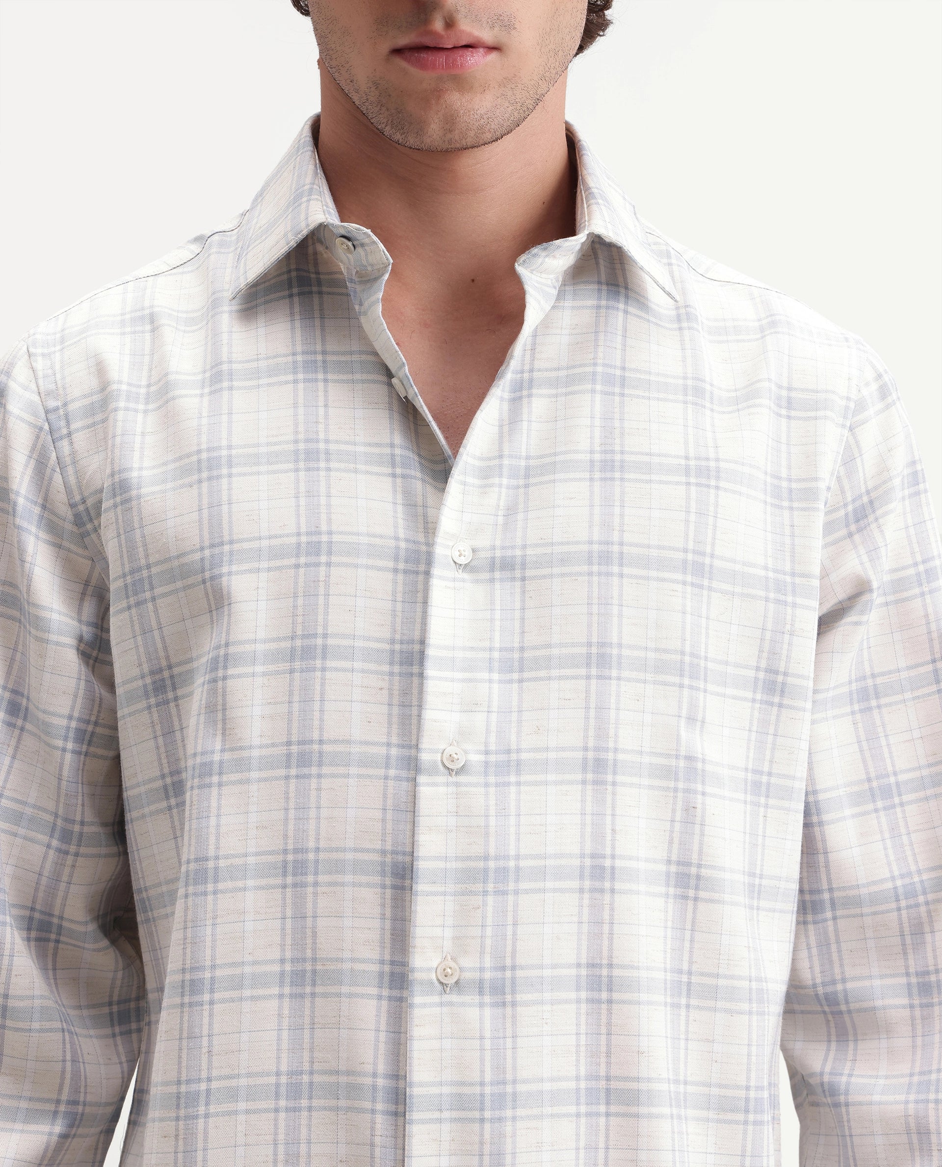 Rare Rabbit Men's Enar Dusky Blue Polyester Blend Button Regular Fit Checked Shirt