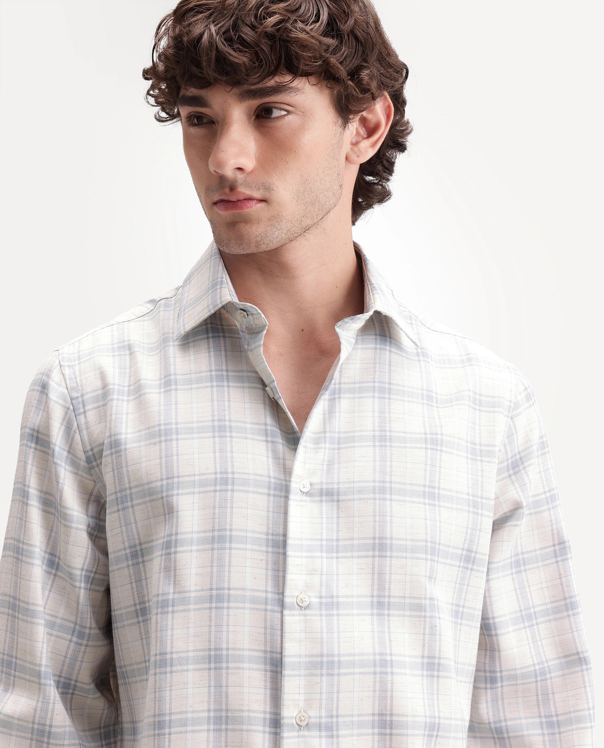 Rare Rabbit Men's Enar Dusky Blue Polyester Blend Button Regular Fit Checked Shirt