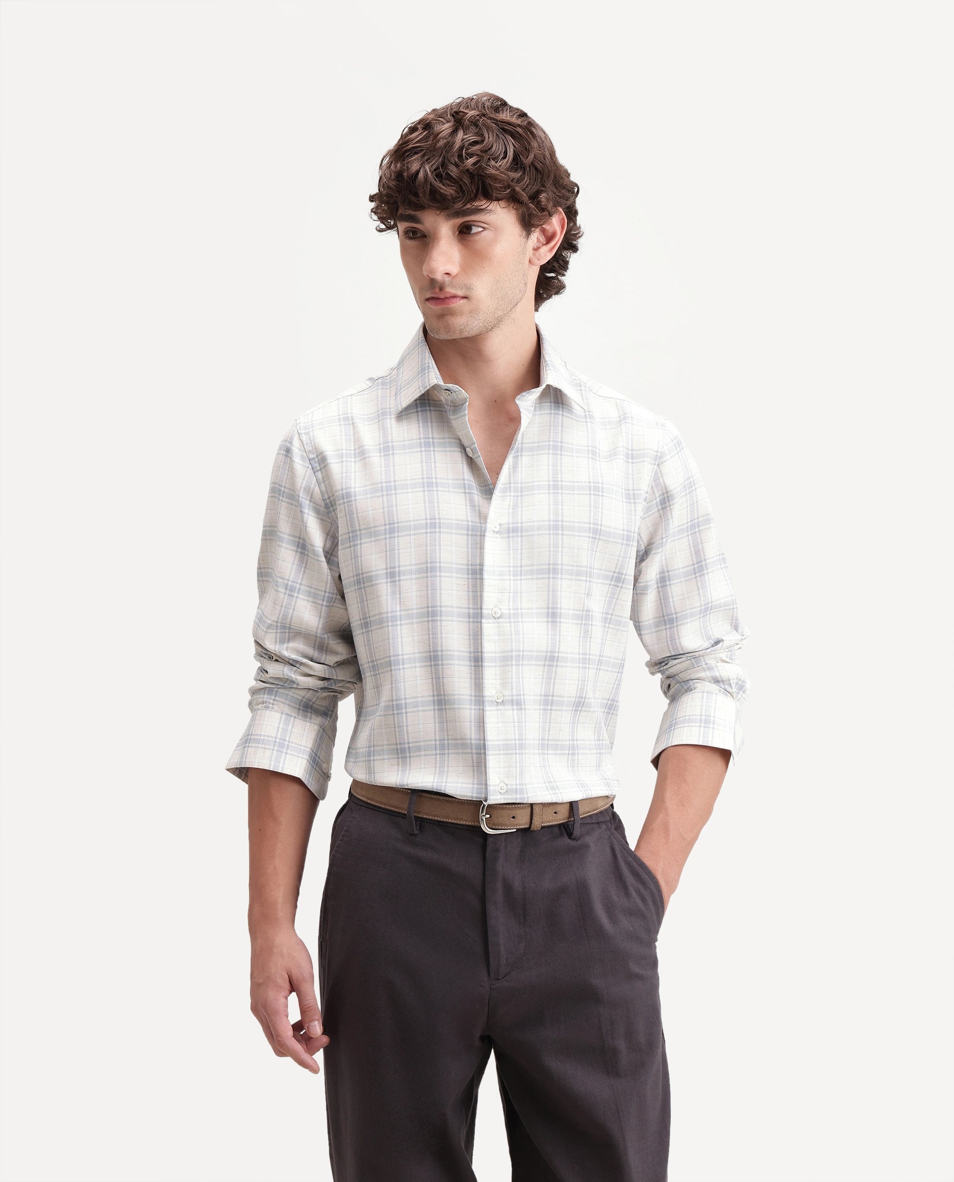 Rare Rabbit Men's Enar Dusky Blue Polyester Blend Button Regular Fit Checked Shirt