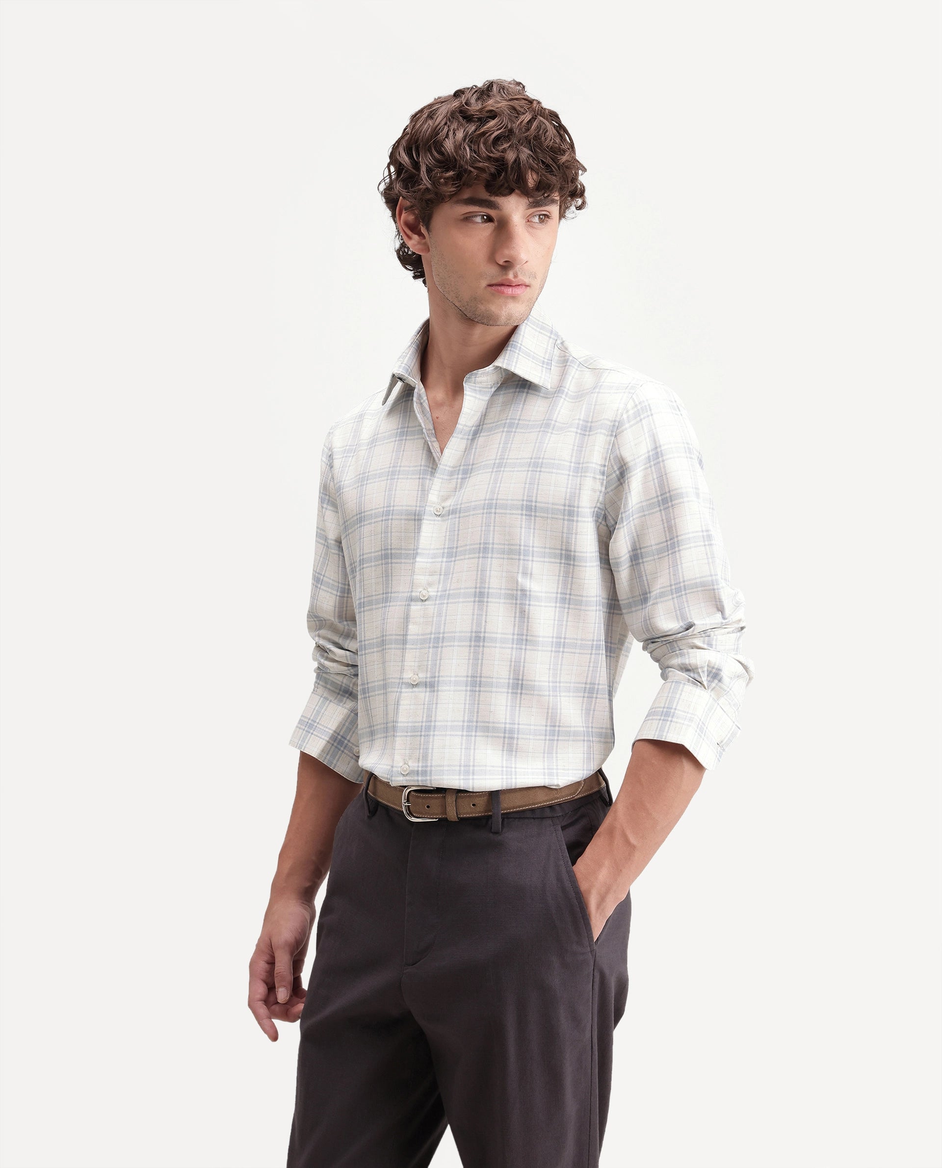 Rare Rabbit Men's Enar Dusky Blue Polyester Blend Button Regular Fit Checked Shirt