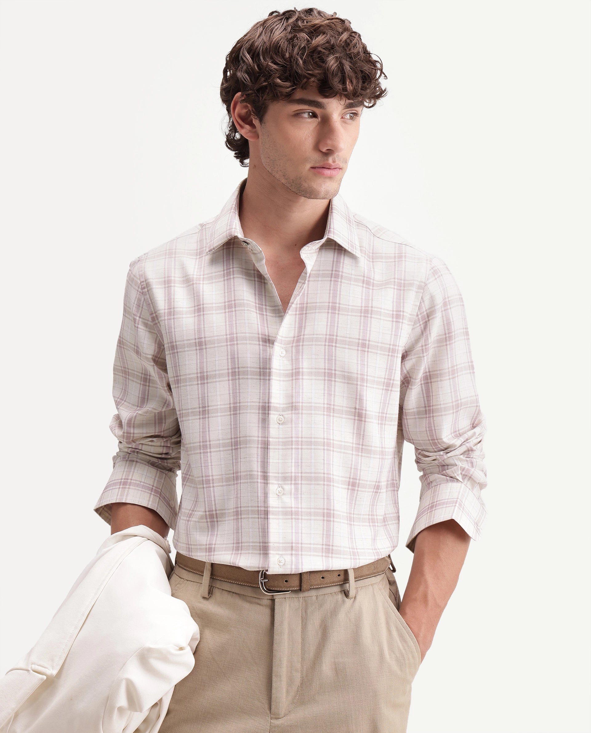 Rare Rabbit Men's Enar Dusky Pink Polyester Blend Button Regular Fit Checked Shirt