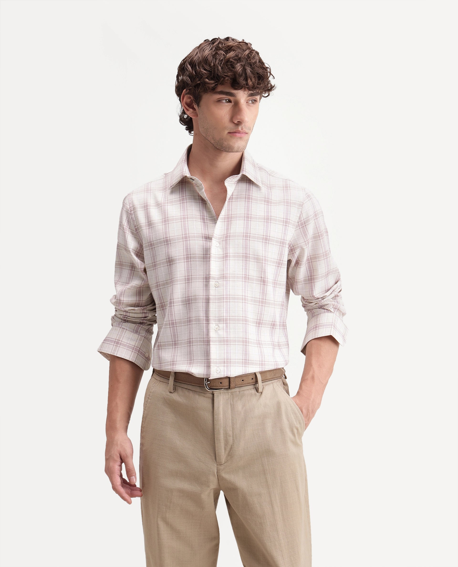 Rare Rabbit Men's Enar Dusky Pink Polyester Blend Button Regular Fit Checked Shirt