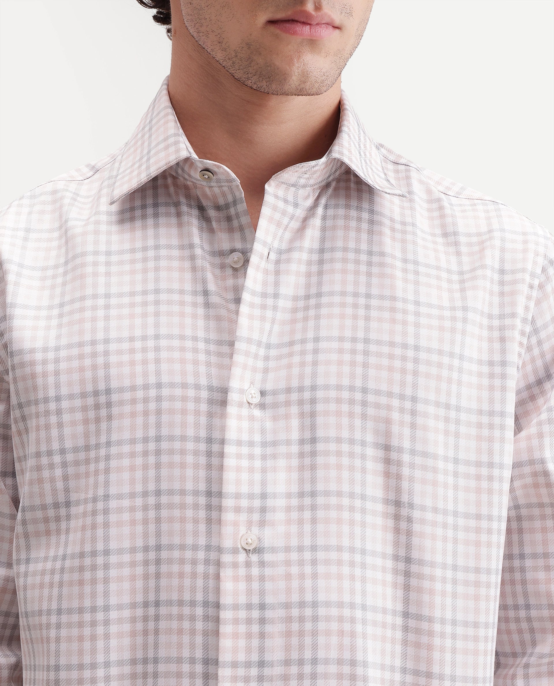 Rare Rabbit Men's Orexa Light Pink Polyester Blend Button Regular Fit Checked Shirt