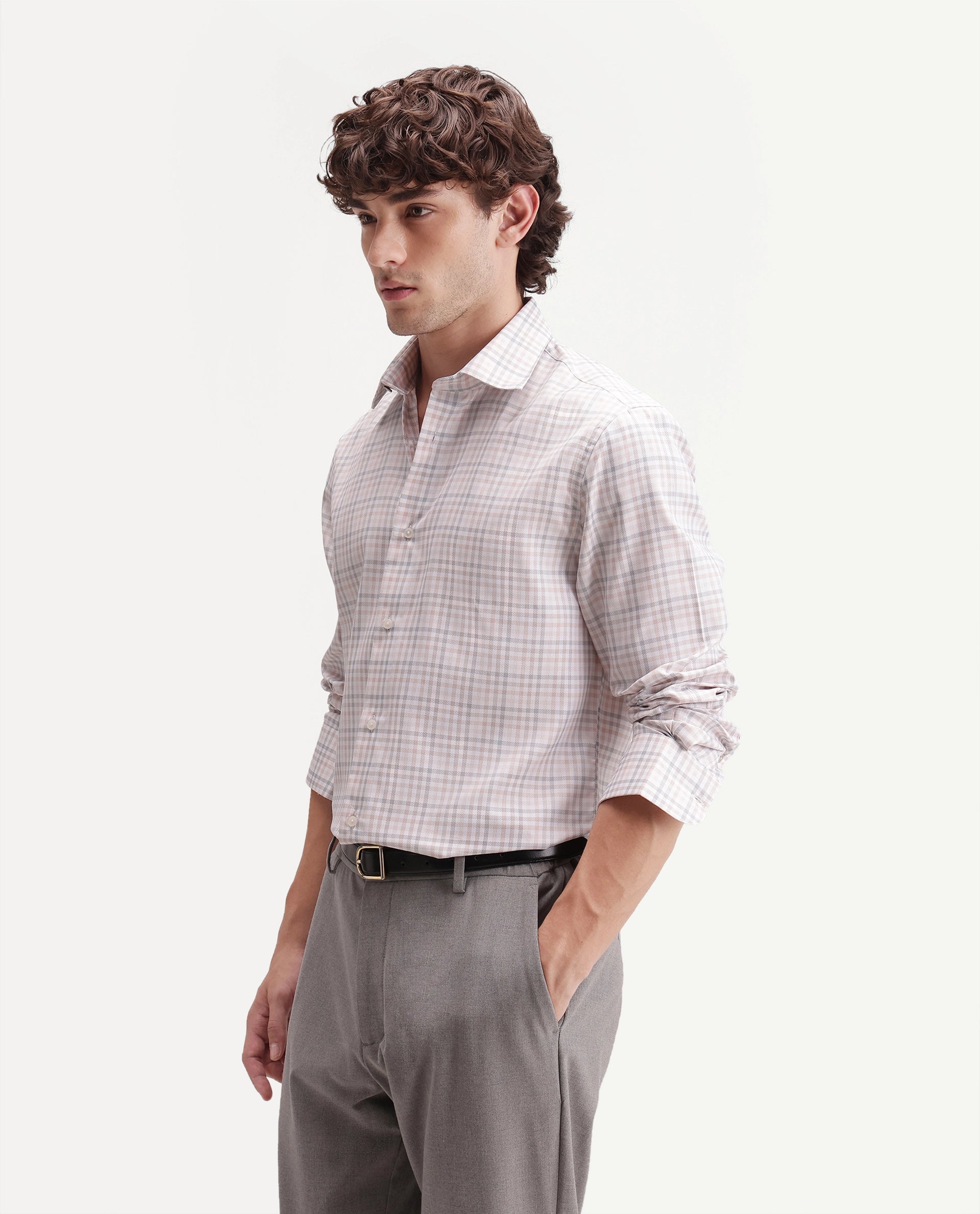 Rare Rabbit Men's Orexa Light Pink Polyester Blend Button Regular Fit Checked Shirt