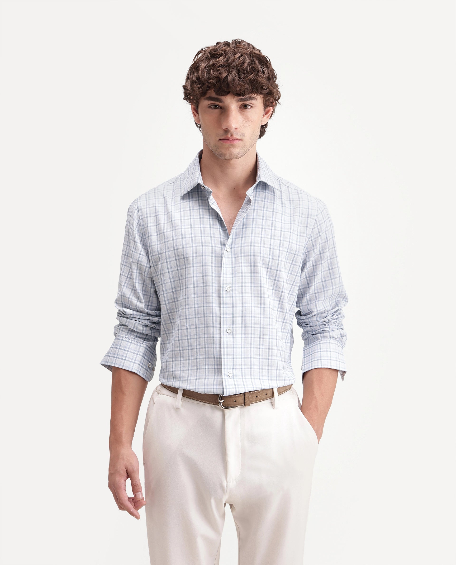 Rare Rabbit Men's Avron Blue Polyester Blend Button Regular Fit Checked Shirt
