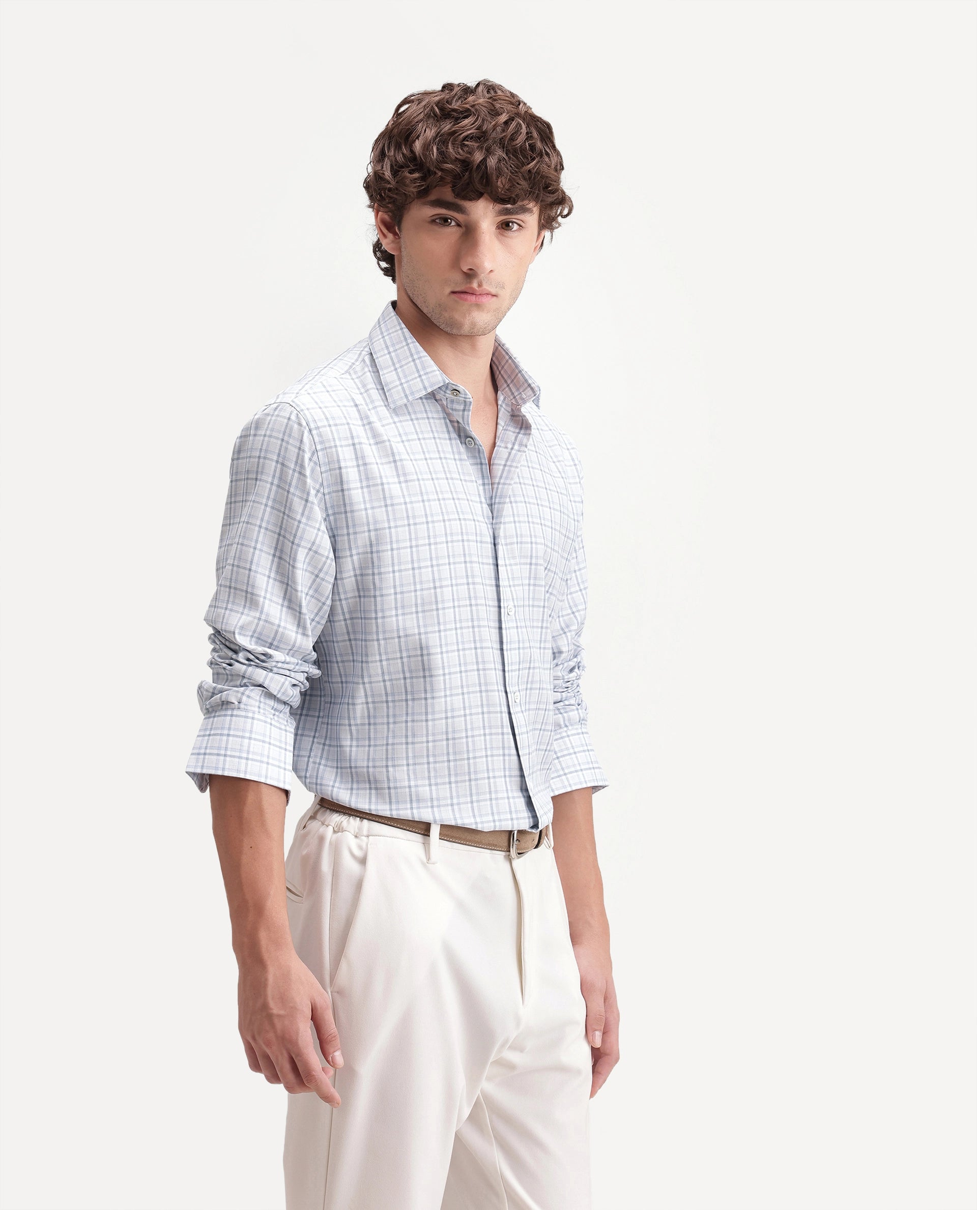 Rare Rabbit Men's Avron Blue Polyester Blend Button Regular Fit Checked Shirt