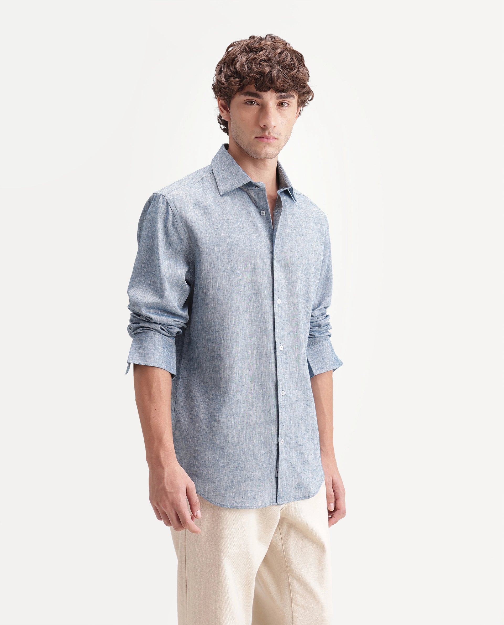 Rare Rabbit Men's Olvt Dark Blue Linen Blend Button Regular Fit Plain Shirt