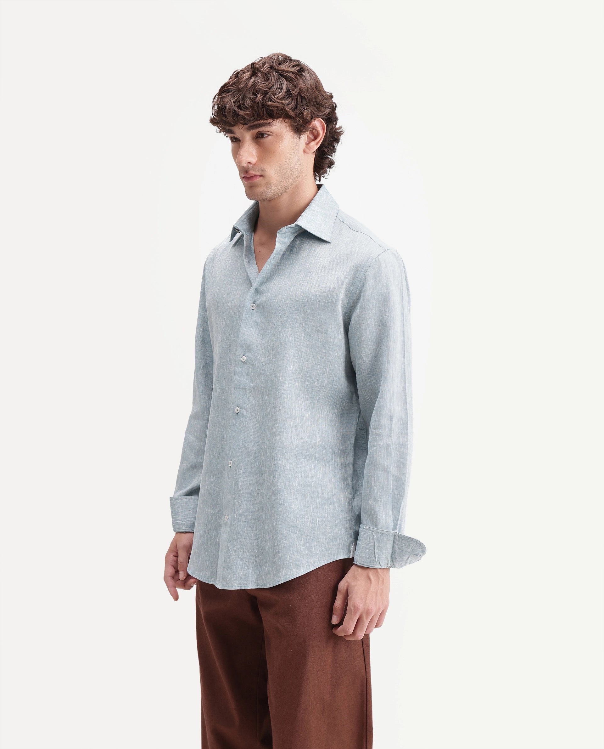 Rare Rabbit Men's Olvt Light Blue Linen Blend Button Regular Fit Plain Shirt