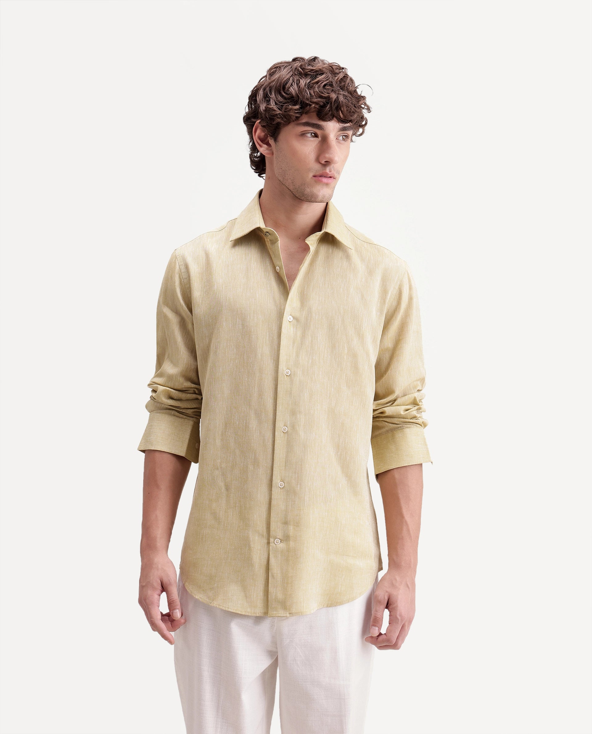 Rare Rabbit Men's Olvt Light Mustard Linen Blend Button Regular Fit Plain Shirt