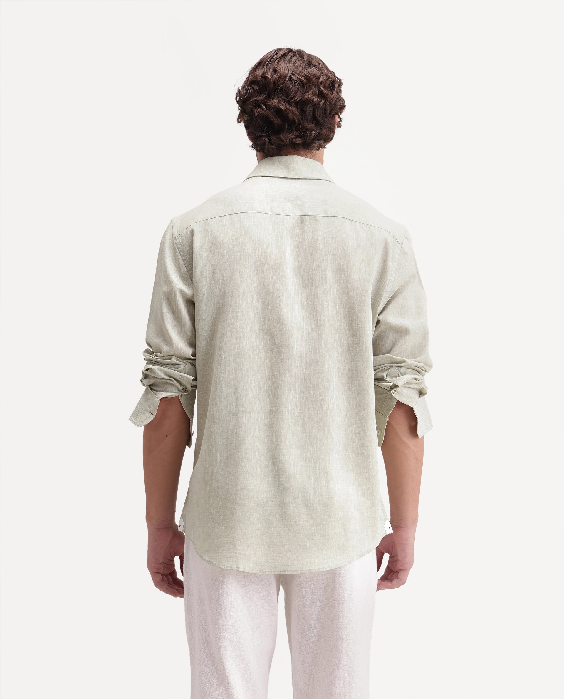 Rare Rabbit Men's Olvt Dusky Green Linen Blend Button Regular Fit Plain Shirt