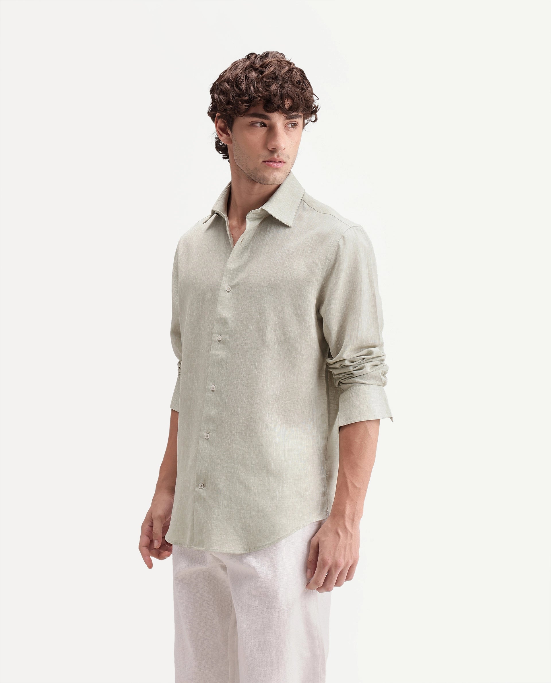 Rare Rabbit Men's Olvt Dusky Green Linen Blend Button Regular Fit Plain Shirt