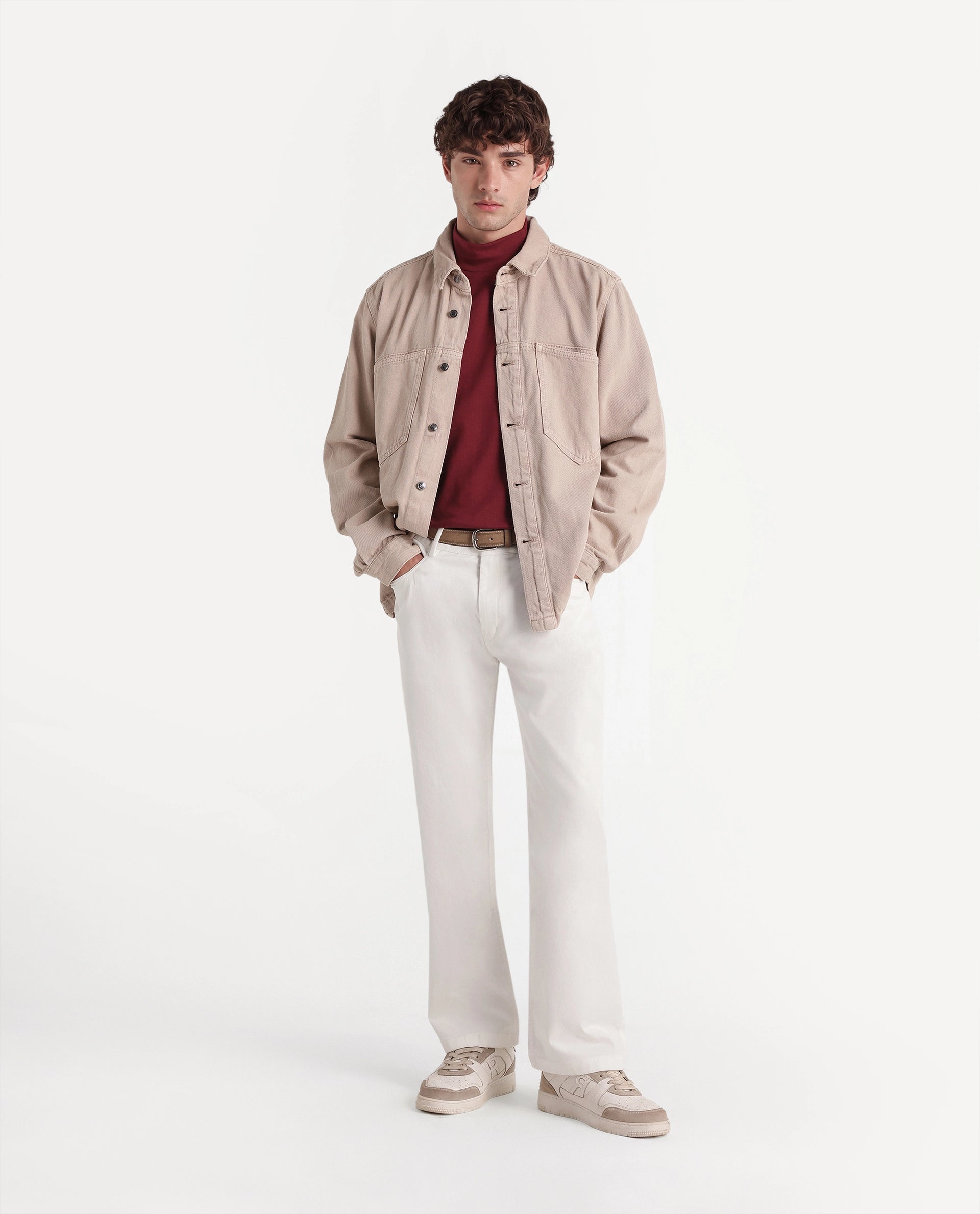 Rare Rabbit Men's Spoke-W White Cotton Blend Button And Zip Wide Leg Fit Plain Trouser