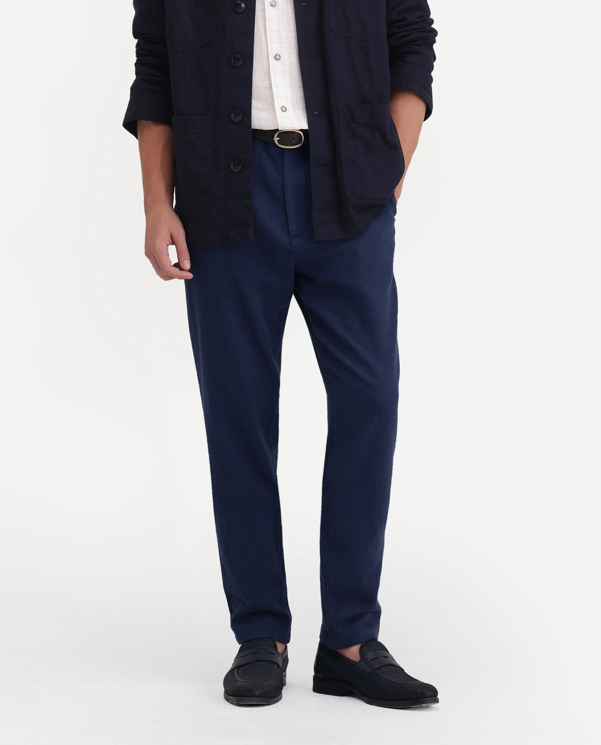 Rare Rabbit Men's Vora Dark Blue Linen Blend Button And Zip Regular Fit Plain Trouser