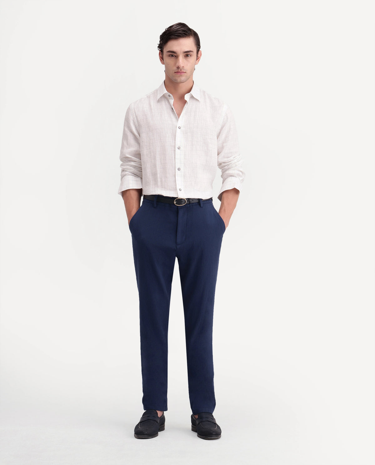 Rare Rabbit Men's Vora Dark Blue Linen Blend Button And Zip Regular Fit Plain Trouser