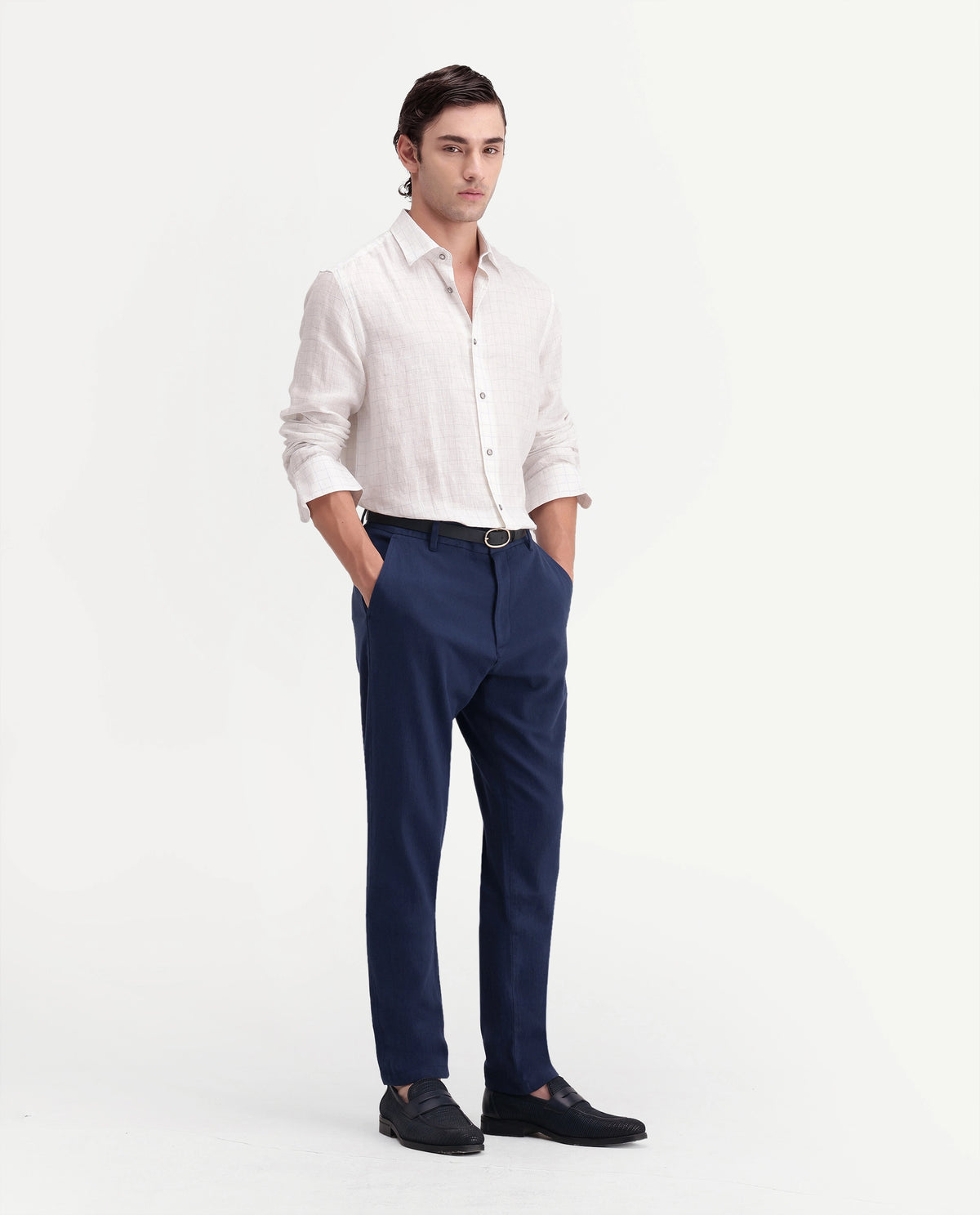 Rare Rabbit Men's Vora Dark Blue Linen Blend Button And Zip Regular Fit Plain Trouser