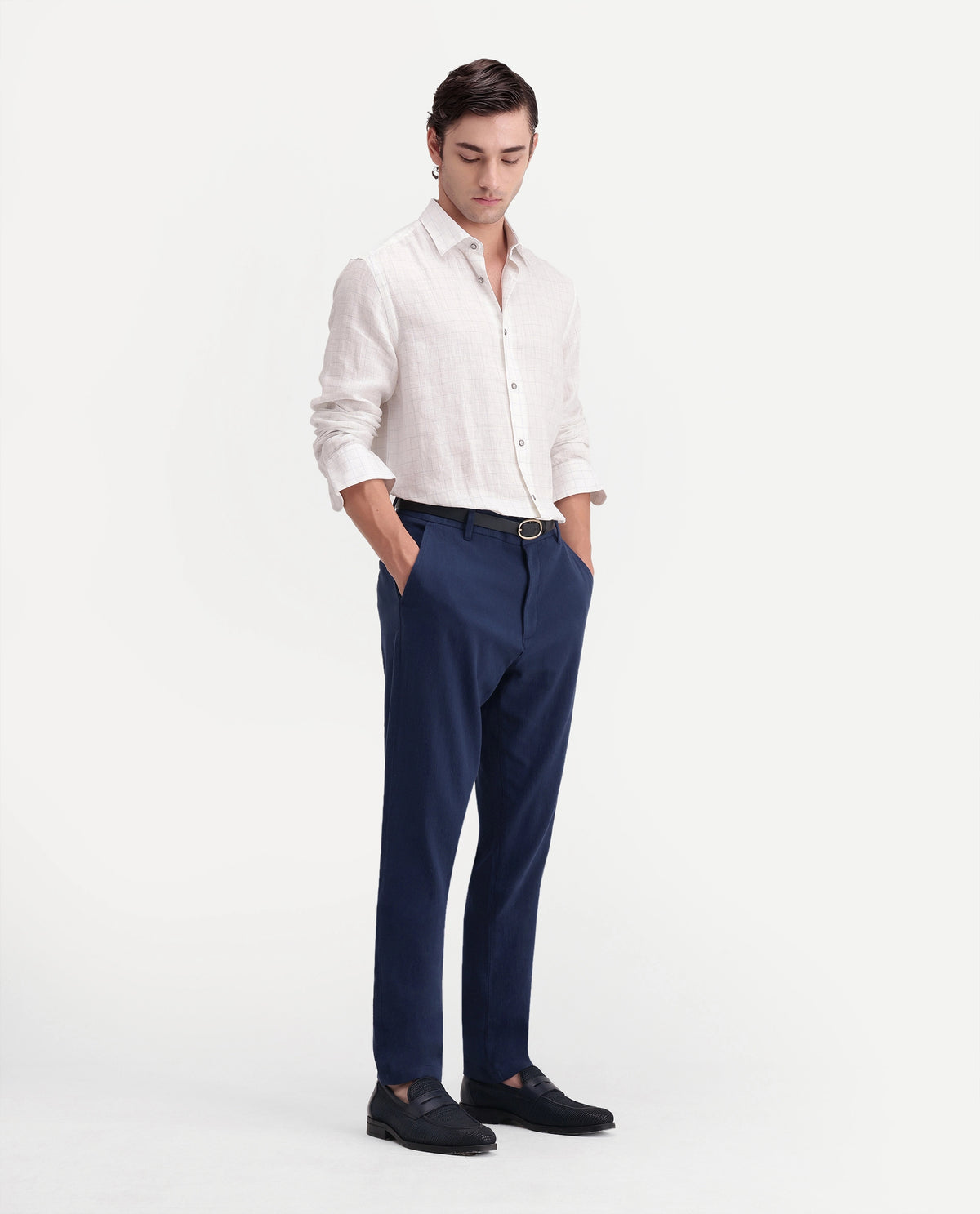 Rare Rabbit Men's Vora Dark Blue Linen Blend Button And Zip Regular Fit Plain Trouser