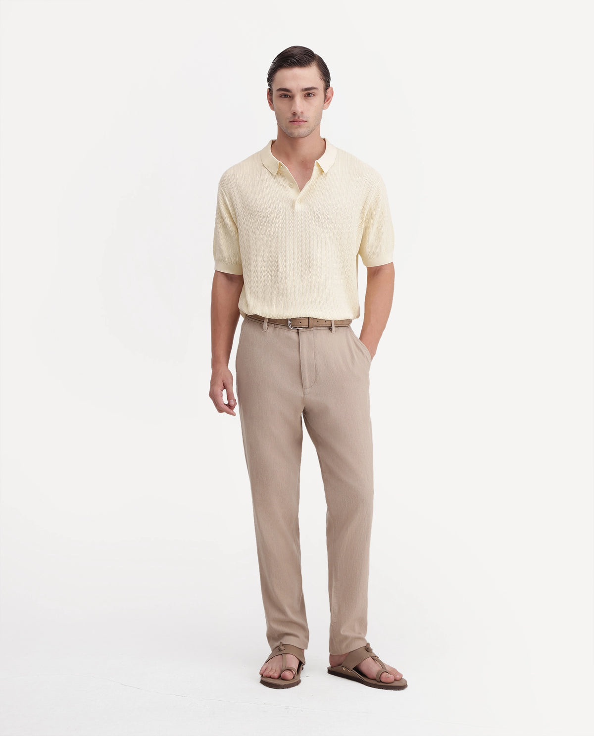 Rare Rabbit Men's Vora Light Beige Linen Blend Button And Zip Regular Fit Plain Trouser