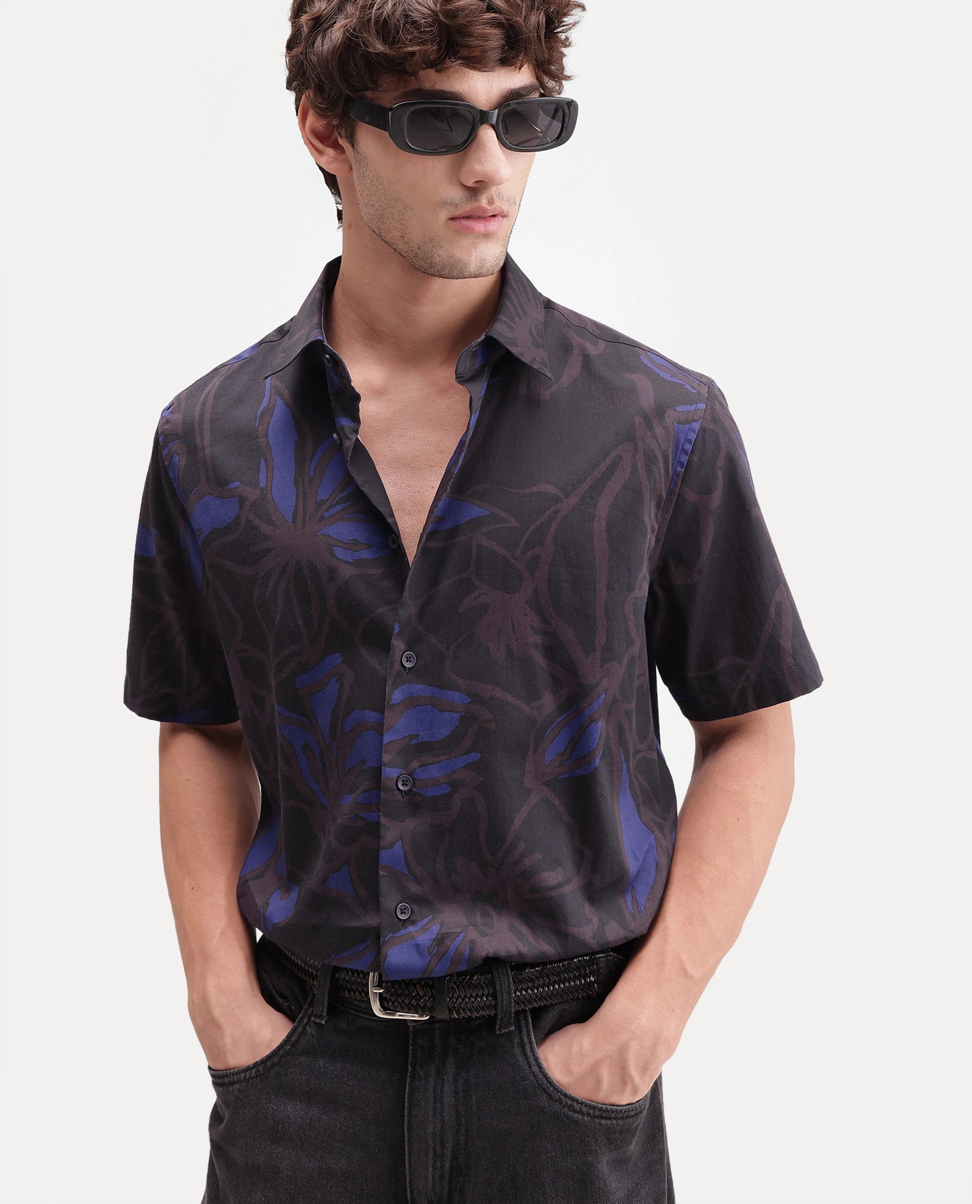 Rare Rabbit Men's Zayn Dark Purple Cotton Button Regular Fit Floral Print Shirt