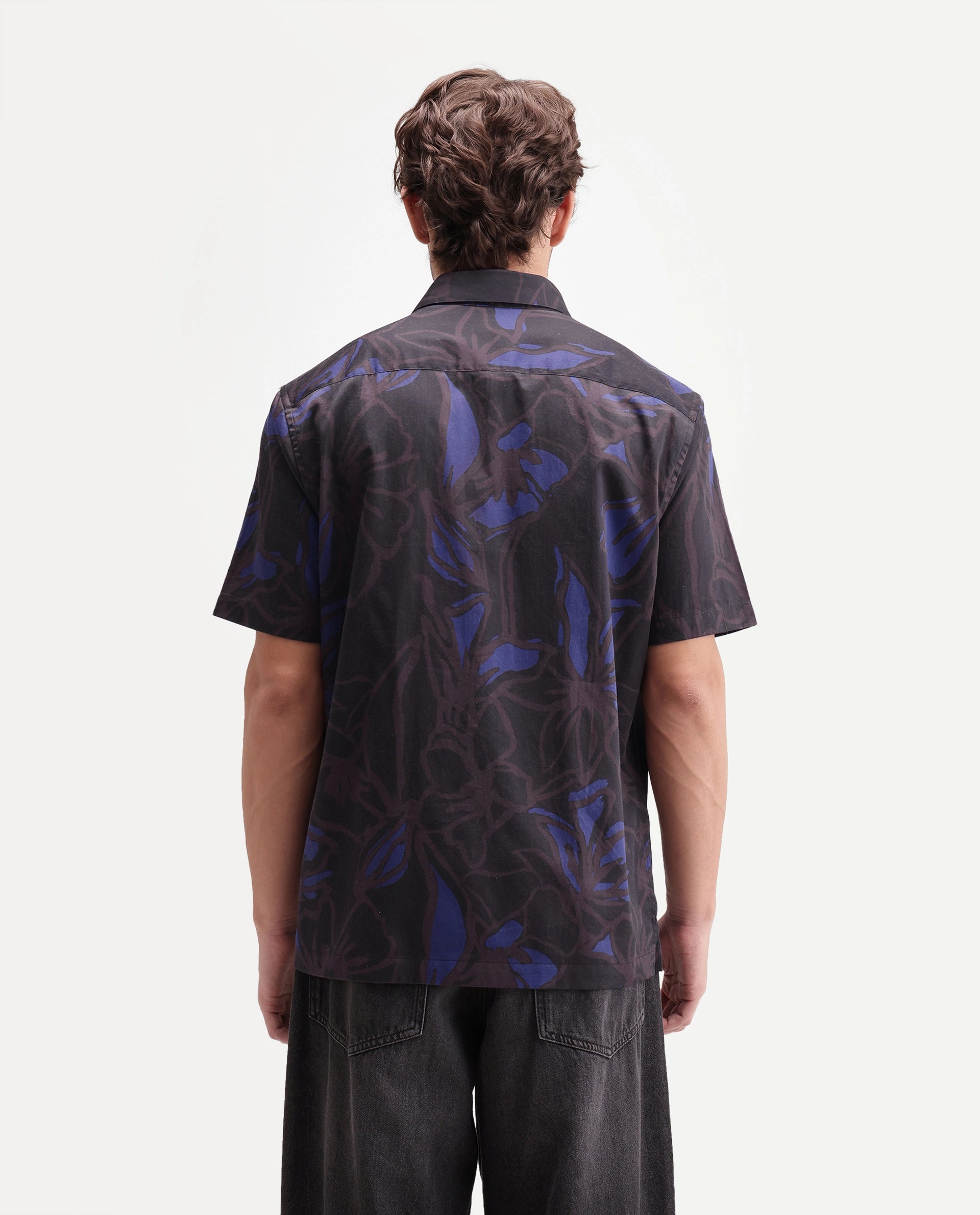 Rare Rabbit Men's Zayn Dark Purple Cotton Button Regular Fit Floral Print Shirt