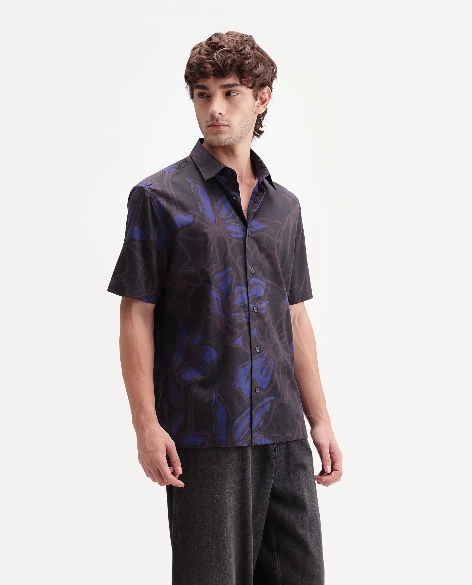 Rare Rabbit Men's Zayn Dark Purple Cotton Button Regular Fit Floral Print Shirt