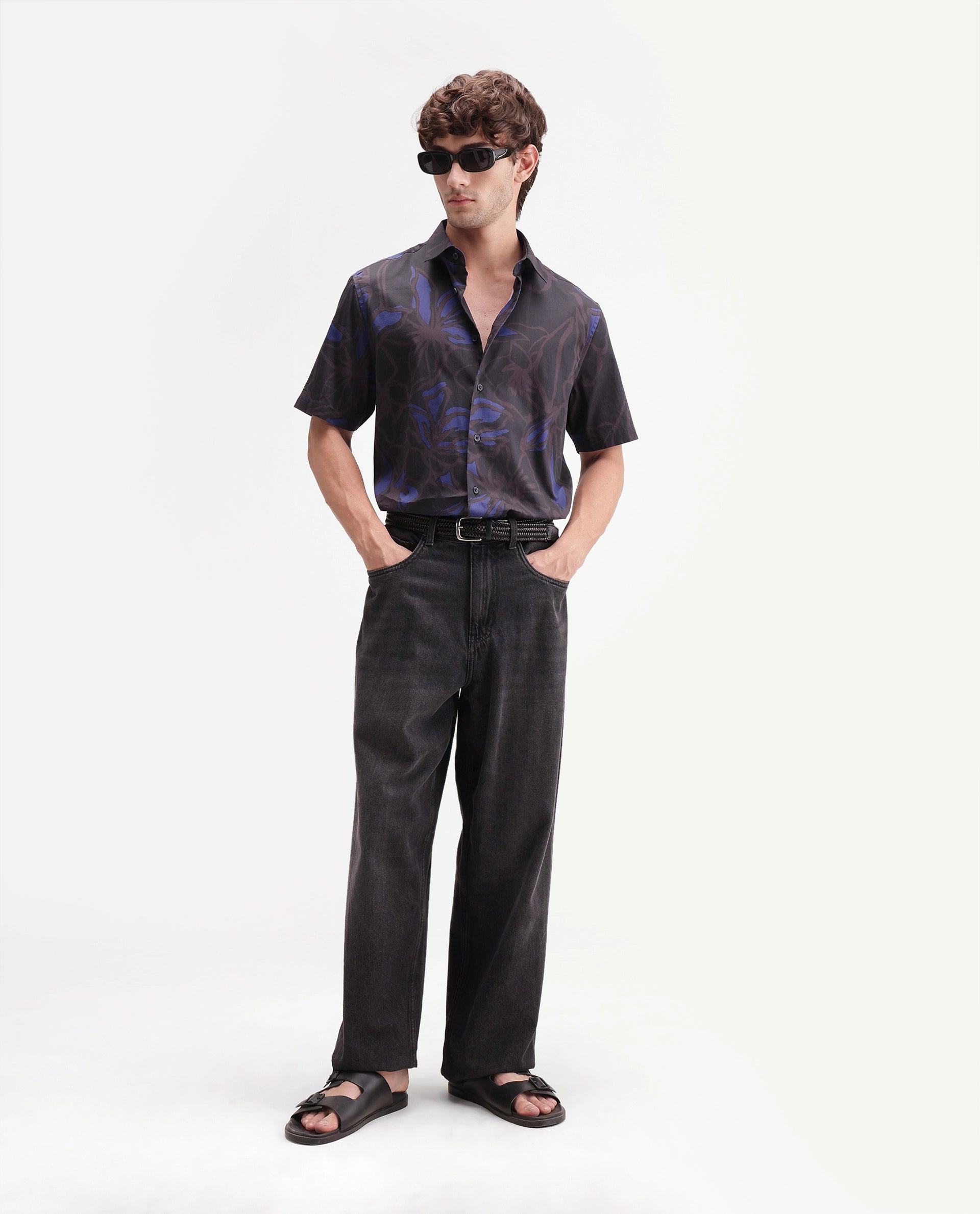 Rare Rabbit Men's Zayn Dark Purple Cotton Button Regular Fit Floral Print Shirt
