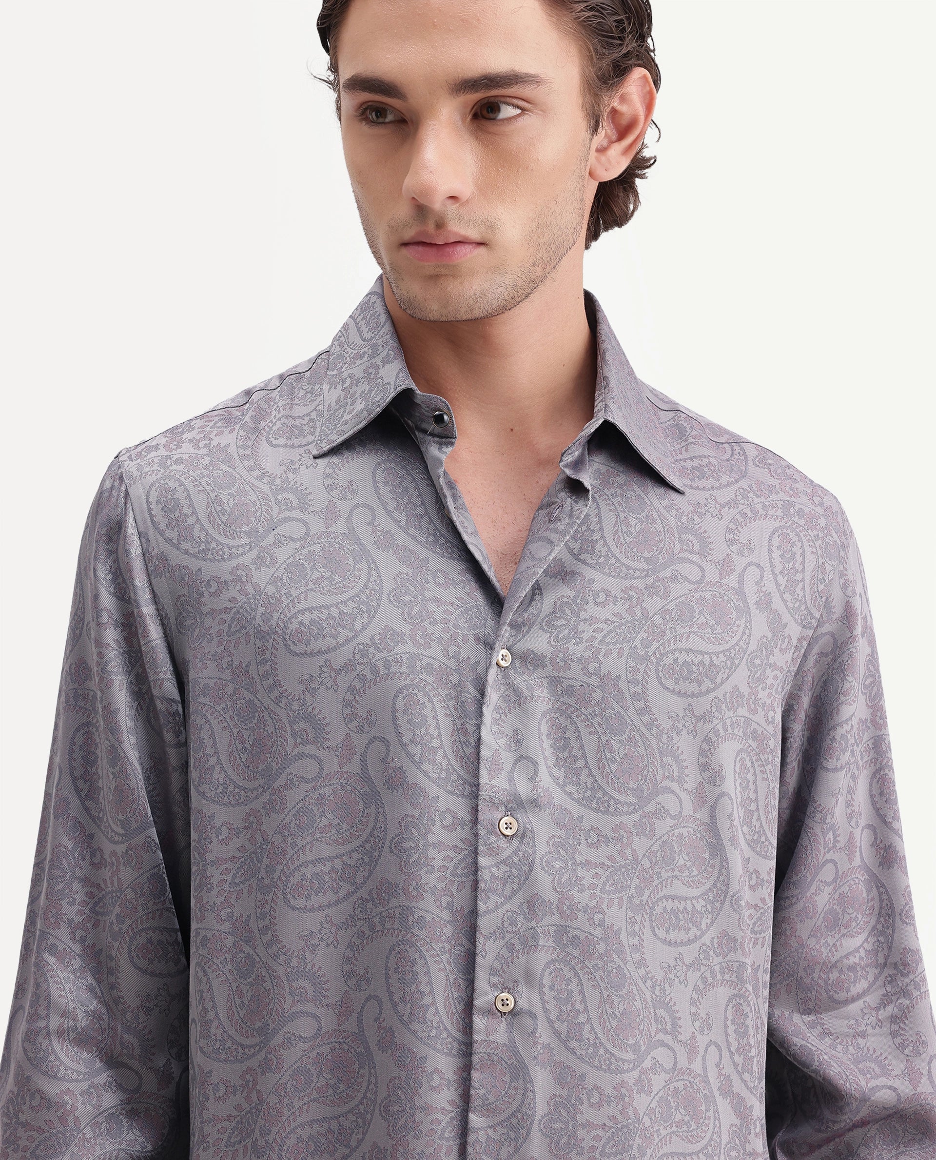 Rare Rabbit Men's Brooklet Dusky Purple Tencel Button Regular Fit Paisley Print Shirt