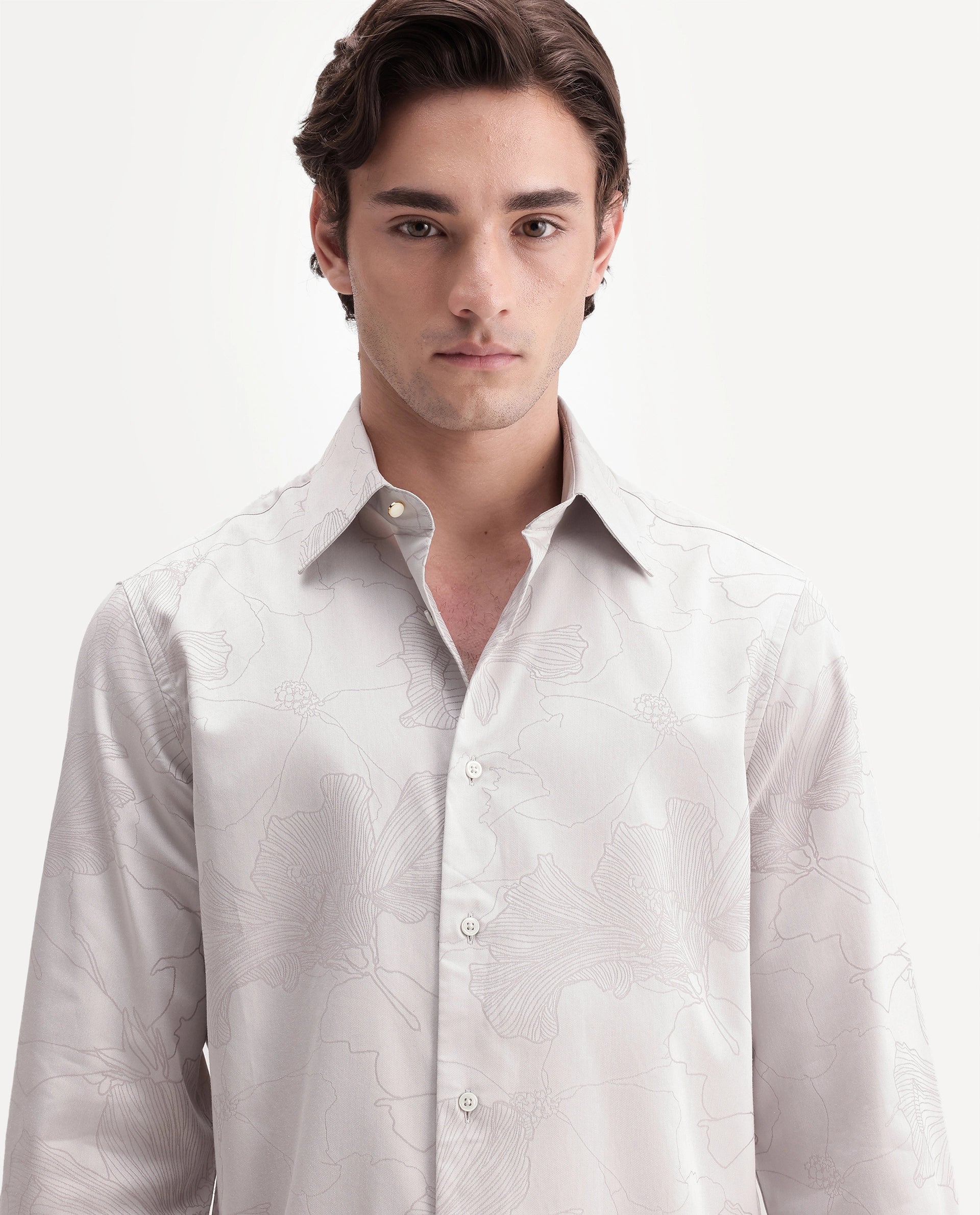 Rare Rabbit Men's Brixton Light Beige Cotton Button Regular Fit Floral Print Shirt